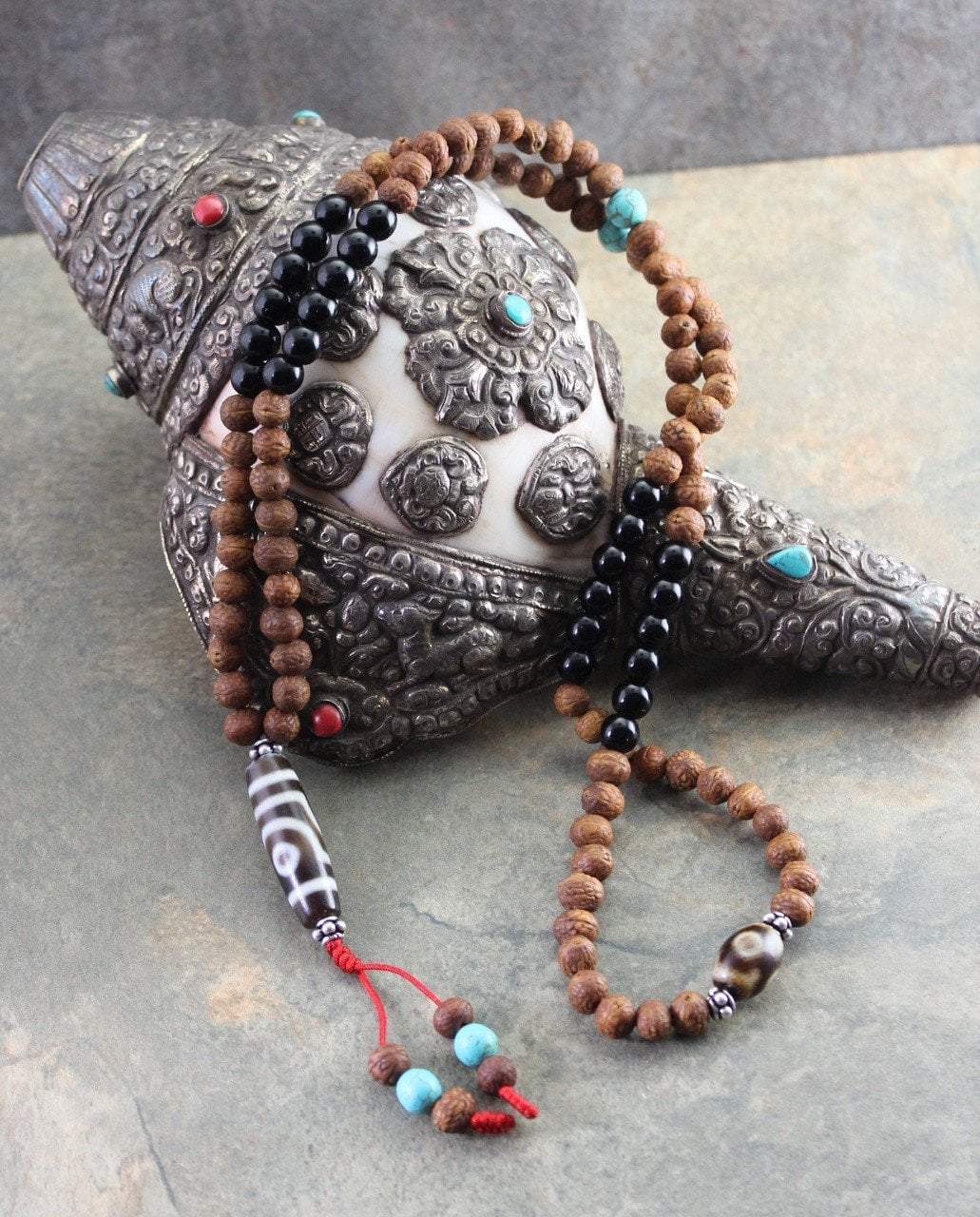 3 Eye Dzi Bead Necklace - Genuine Onyx & Raktu Seed Beads for Protection & Good Luck | Spiritual Jewelry for Meditation, Yoga & Buddhist Practices