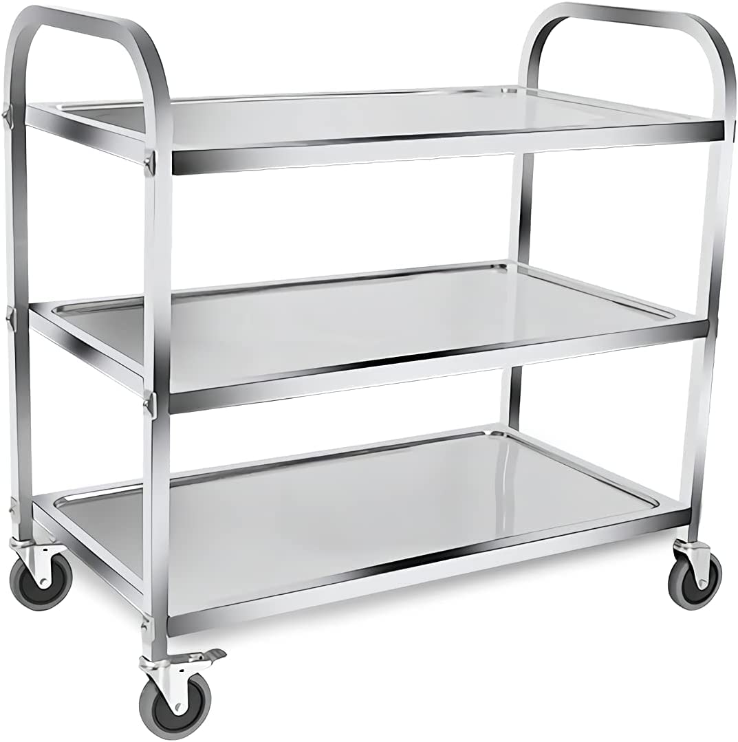 MYOYAY 37.4x19.7x37.4 Inch Stainless Steel 3-Tier Rolling Kitchen Cart with Locking Wheels - Heavy Duty Utility Cart for Restaurant, Cafe, Home & Commercial Use - Perfect for Food Storage, Catering Service & Mobile Kitchen Organization