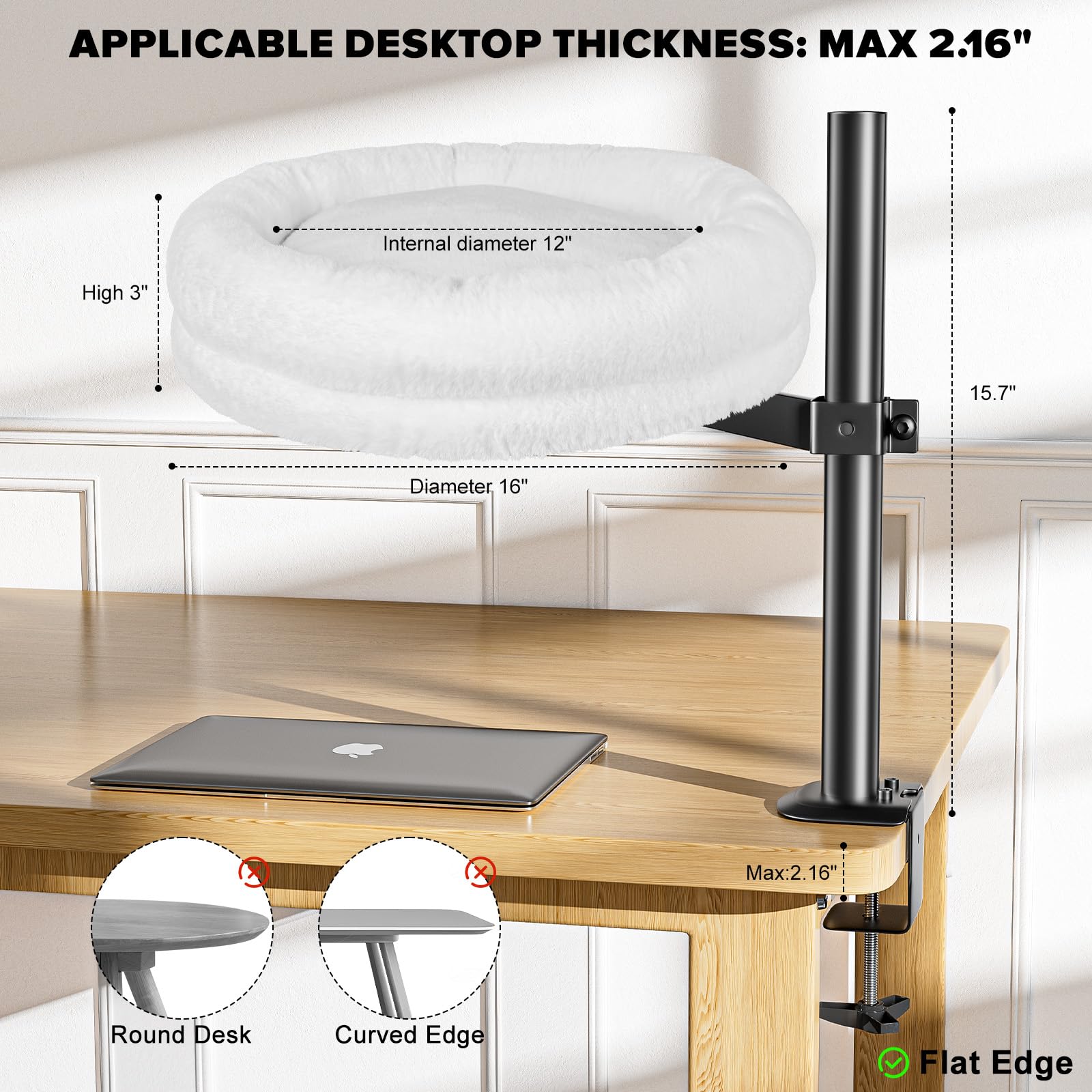 360° Rotating Adjustable Height Cat Desk Bed - Soft Comfortable Cat Perch Supports Up to 50 lbs, Round Cat Hammock for Office & Home Workspace (White) - Perfect for Napping While You Work