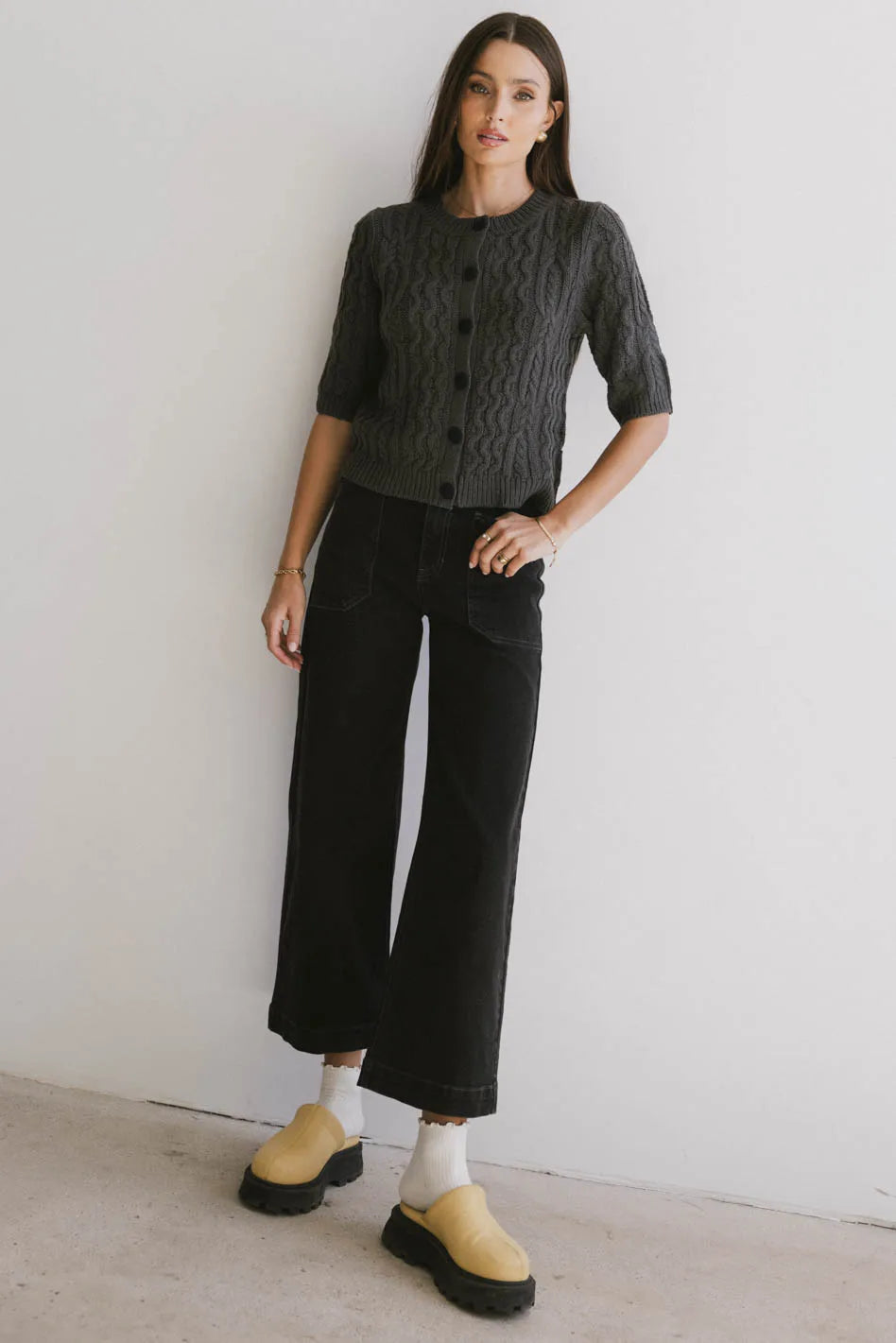 Erika Cable Knit Cardigan in Charcoal - Women's Chunky Knit Sweater | Cozy Fall & Winter Layering Piece for Casual Outfits & Office Wear