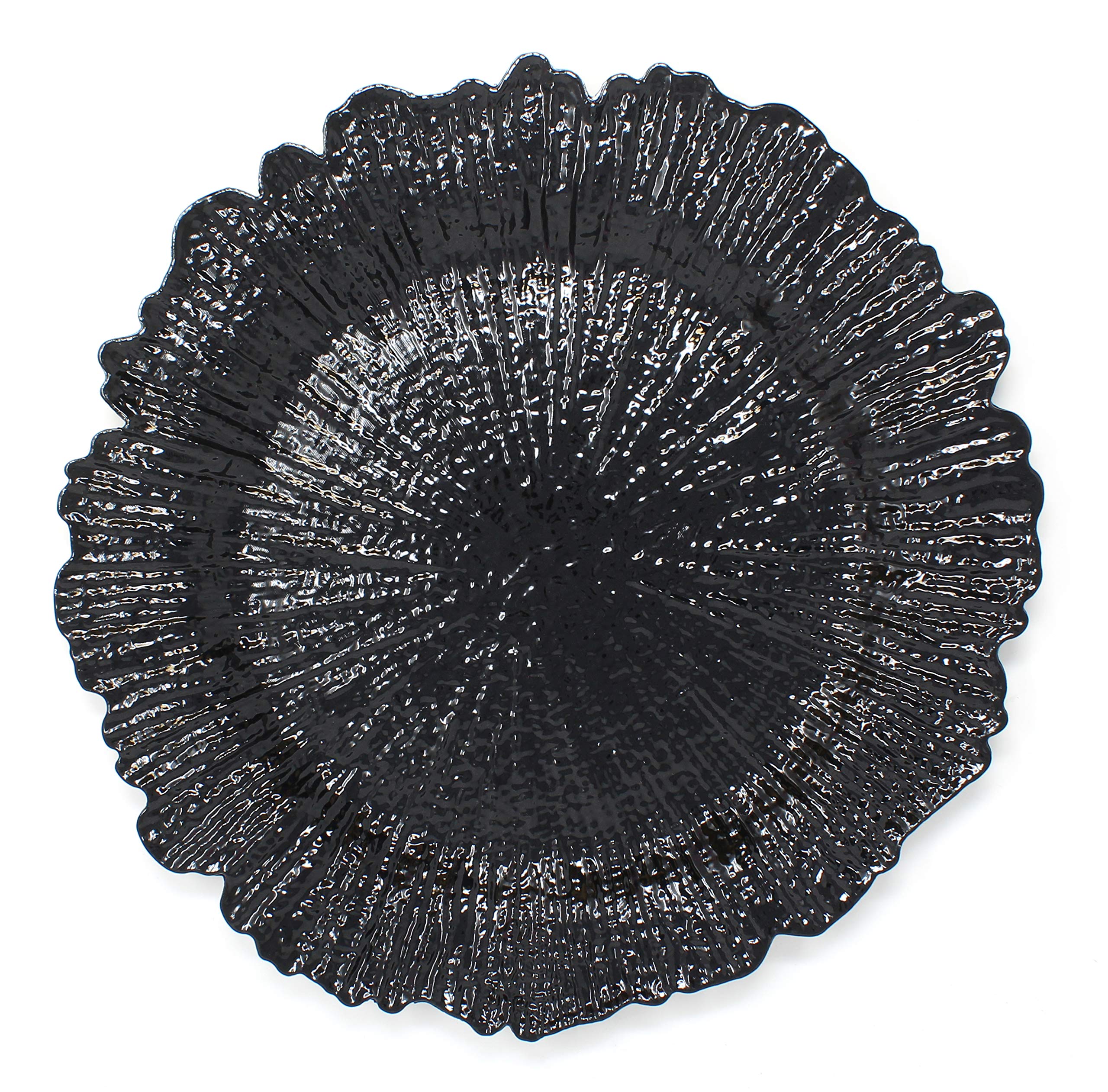 Premium Plastic Reef Charger Plates - Set of 6 - Glossy Black Finish - Thick & Reusable - Elegant Dinnerware for Weddings, Parties, and Formal Events