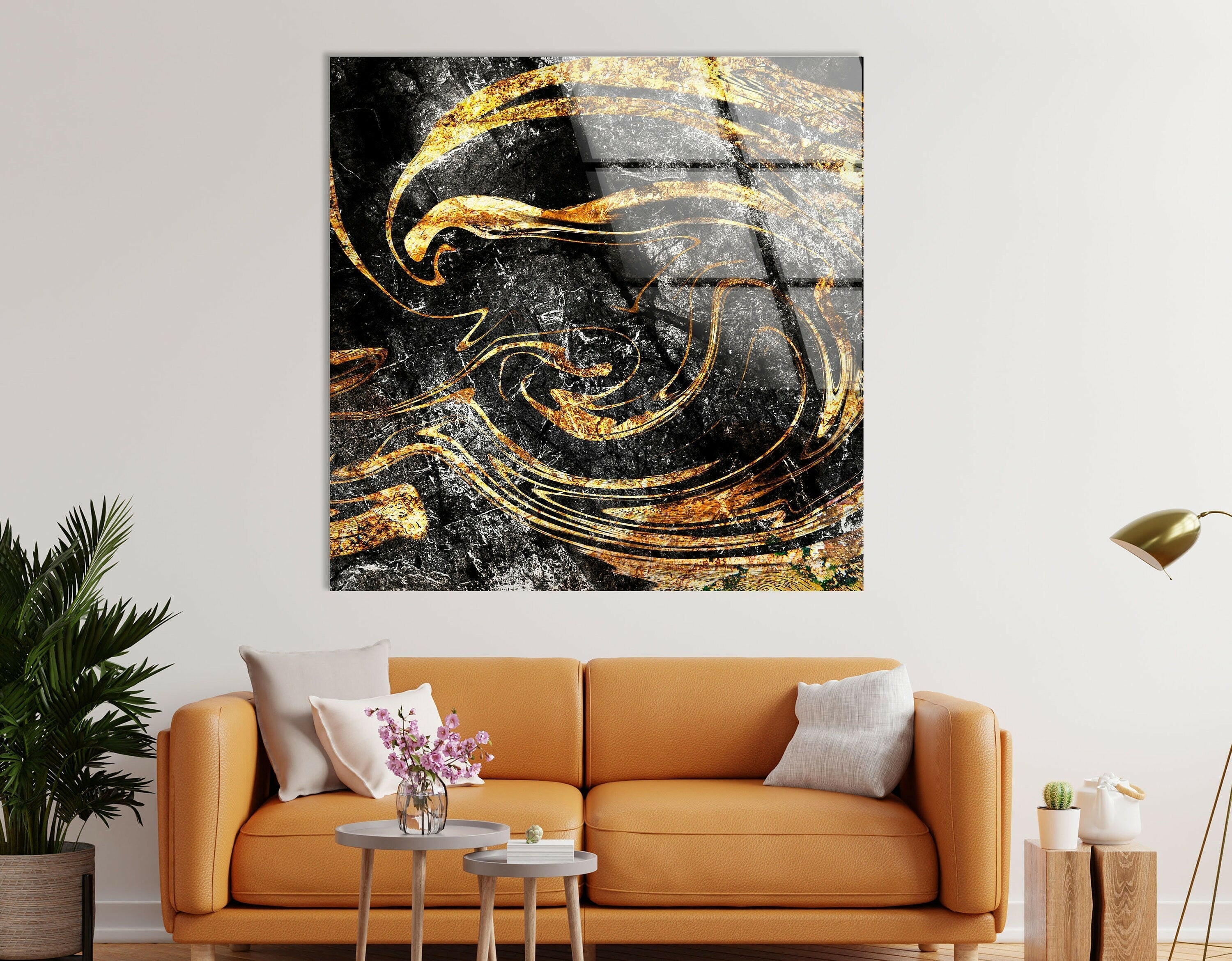 Elegant Black and Gold Marbled Glass Wall Art - Modern Home Decor for Living Room, Bedroom & Office
