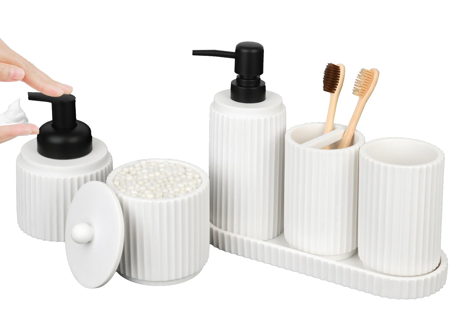 6-Piece White Bathroom Accessory Set - Toothbrush Holder, Soap Dispenser, Vanity Tray, Tumbler & Organizer | Modern Countertop Storage for Bathroom, Guest Room & Spa Decor