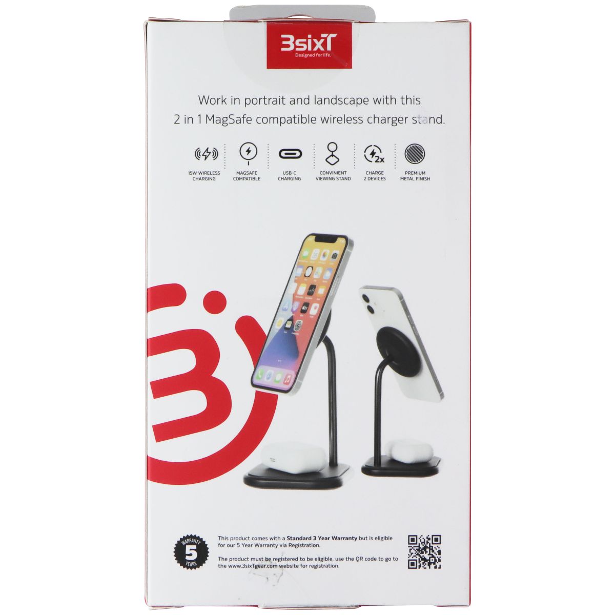 3SIXT 2-in-1 Magnetic Wireless Charger Stand for iPhone 12/13/14/15 Pro Max - Fast Charging Pad with MagSafe Compatible (Black, AU Plug) - Perfect for Home, Office & Travel