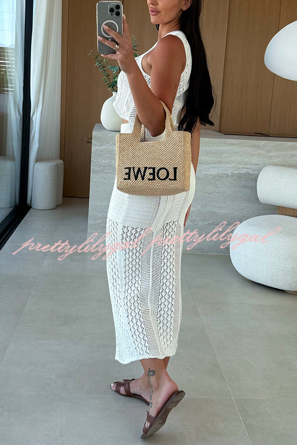 Stylish Solid Color Sleeveless Hollow Knit Crop Top & Elastic Slit Slim Midi Skirt Set - Summer Outfit for Women | Perfect for Beach, Party & Casual Wear