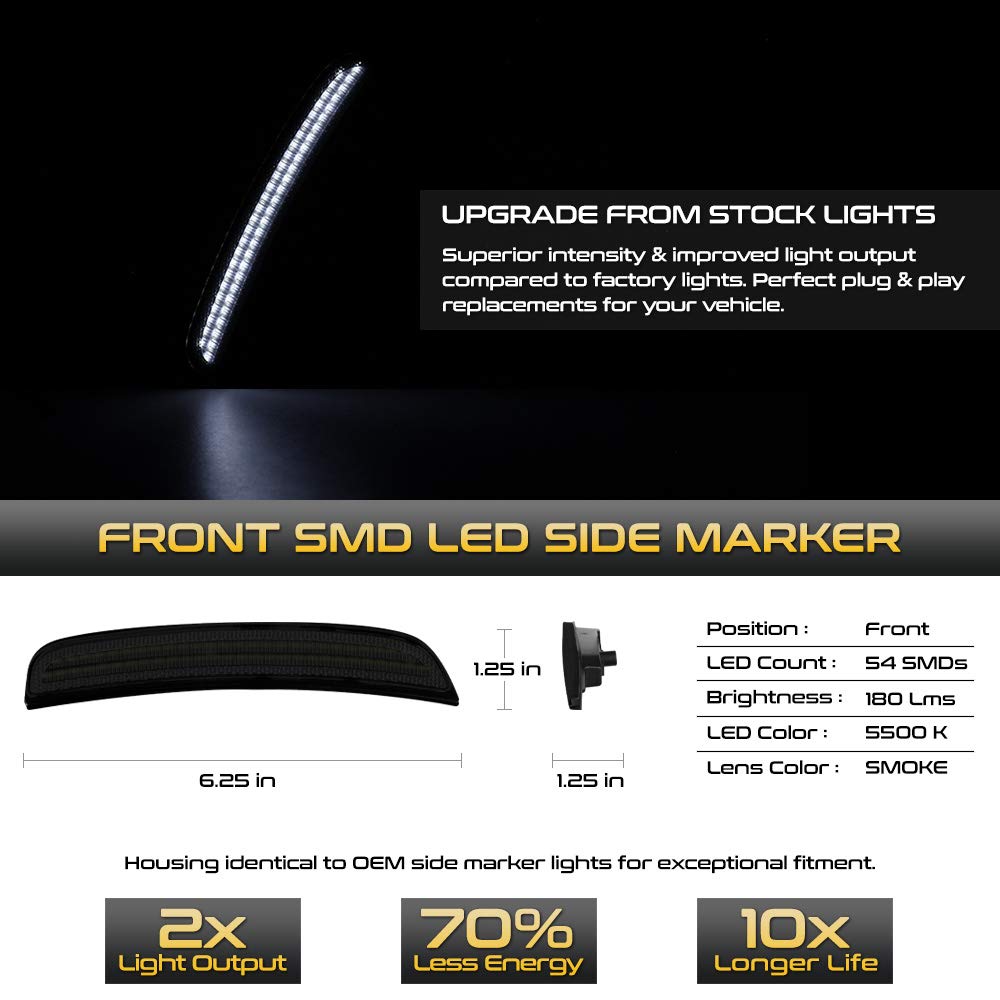 VIPMOTOZ Smoked LED Strip Side Marker Lights - Front & Rear Compatible with Dodge Charger 2015-2023 - Tinted Lens Pure White LED Fender Parking Lamps Replacement for Driver & Passenger Side - Enhance Night Visibility & Style