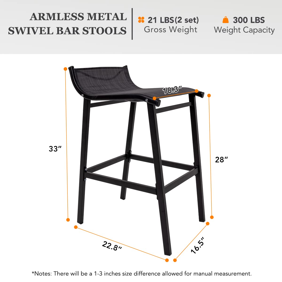 Sundale Outdoor Black Patio Bar Stools Set of 2 - Low Back Metal Counter Height Bar Chairs for Porch, Deck, Poolside & Backyard - Durable Armless High Top Stools for Outdoor Dining & Entertaining
