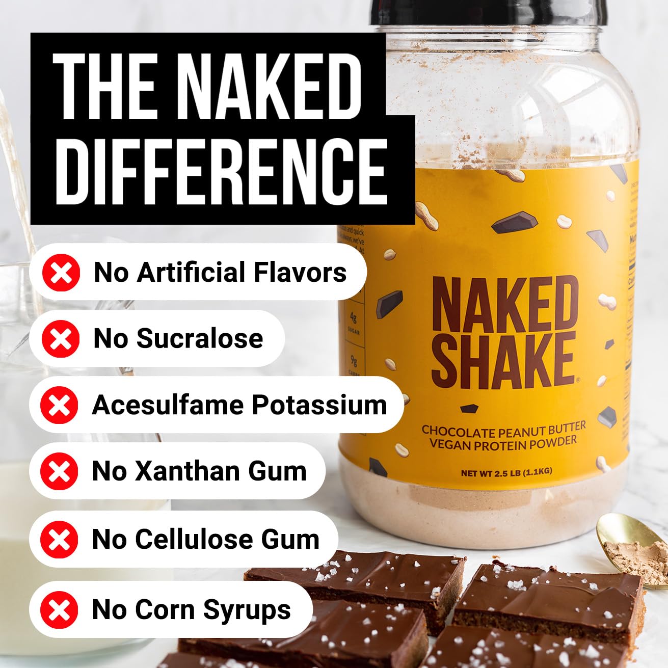 Naked Shake Chocolate Peanut Butter Vegan Protein Powder - Plant-Based Protein from US & Canadian Farms with MCT Oil, Gluten-Free, Soy-Free, Non-GMO, No Artificial Sweeteners - 30 Servings for Post-Workout Recovery & Healthy Smoothies