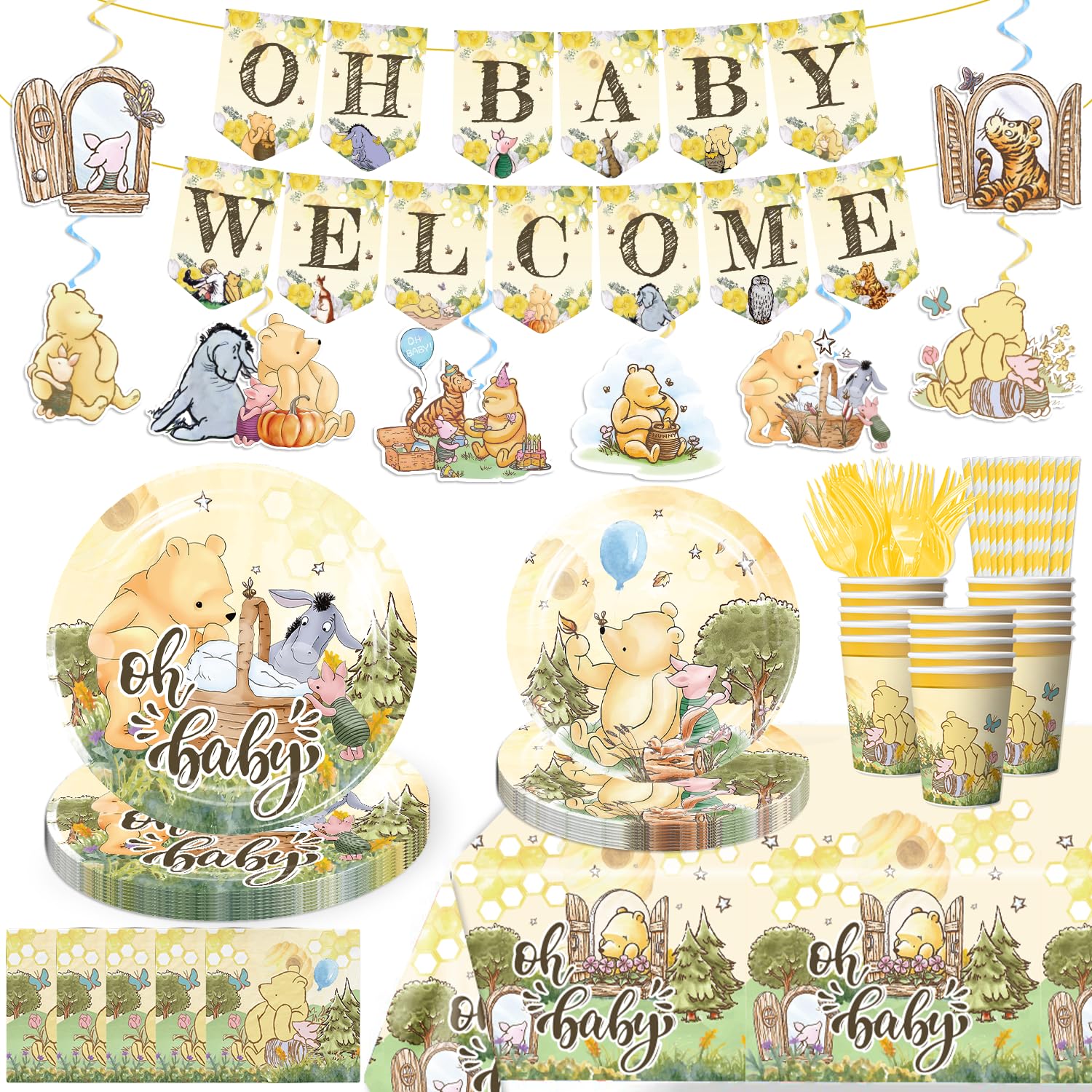 150pcs Classic Pooh Baby Shower Decorations Set - Bear-Themed Plates, Napkins & Banner for Boys & Girls - Perfect for Newborn Celebrations, Baby Showers & Nursery Decor
