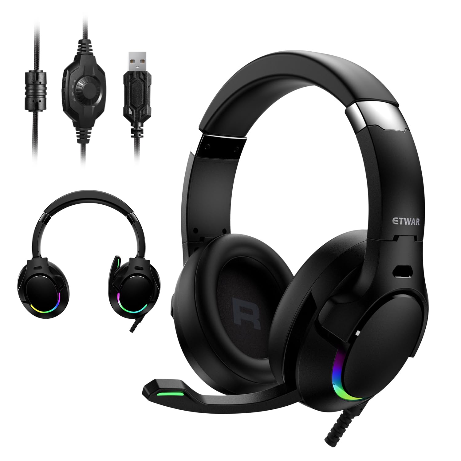 EG80 USB Gaming Headset with Noise Cancelling Mic - 7.1 Surround Sound, Memory Foam Ear Cushions & RGB Lighting - Wired Headphones for PS4, PS5, PC, Laptop - Perfect for Gaming, Streaming & Call Center Work