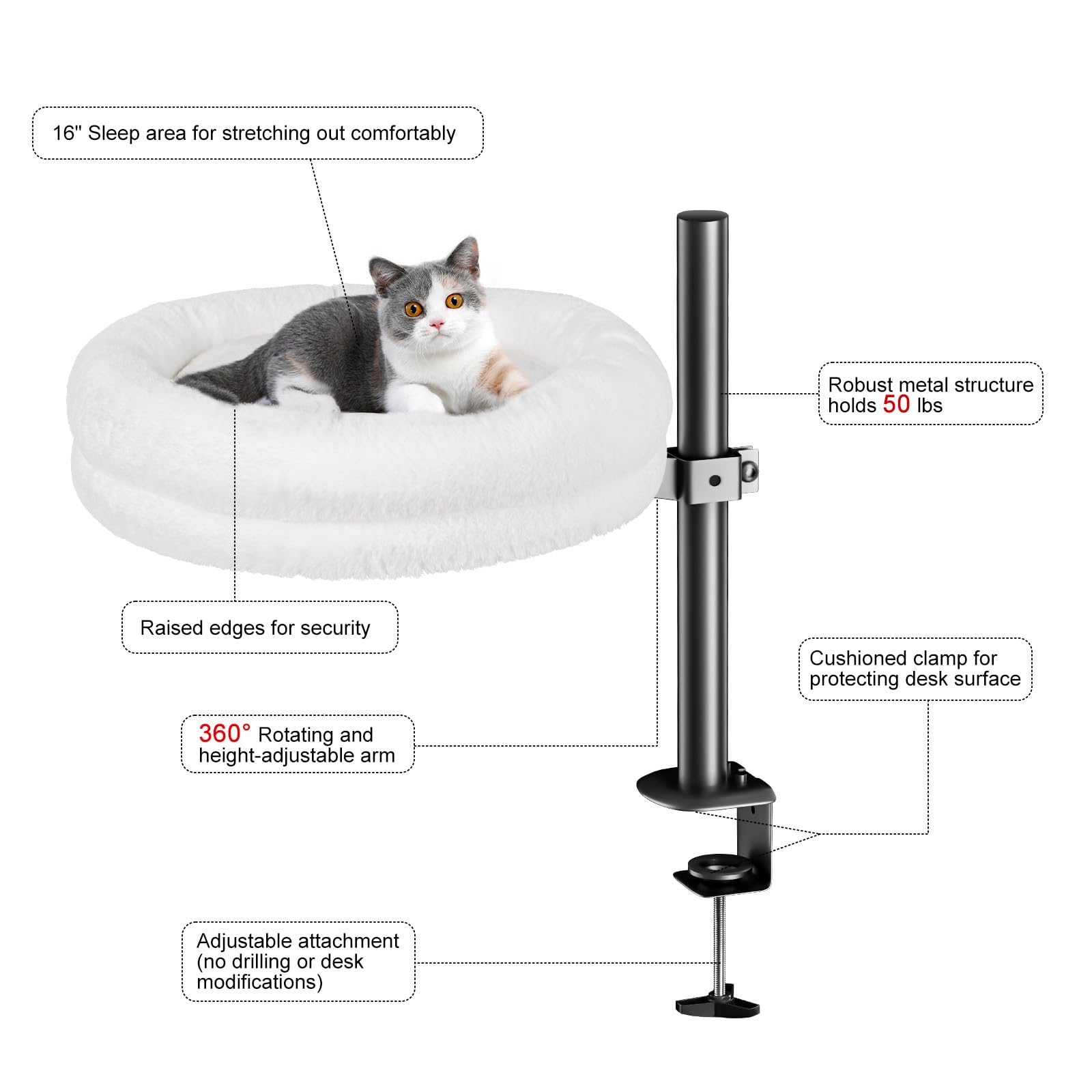 360° Rotating Adjustable Height Cat Desk Bed - Soft Comfortable Cat Perch Supports Up to 50 lbs, Round Cat Hammock for Office & Home Workspace (White) - Perfect for Napping While You Work