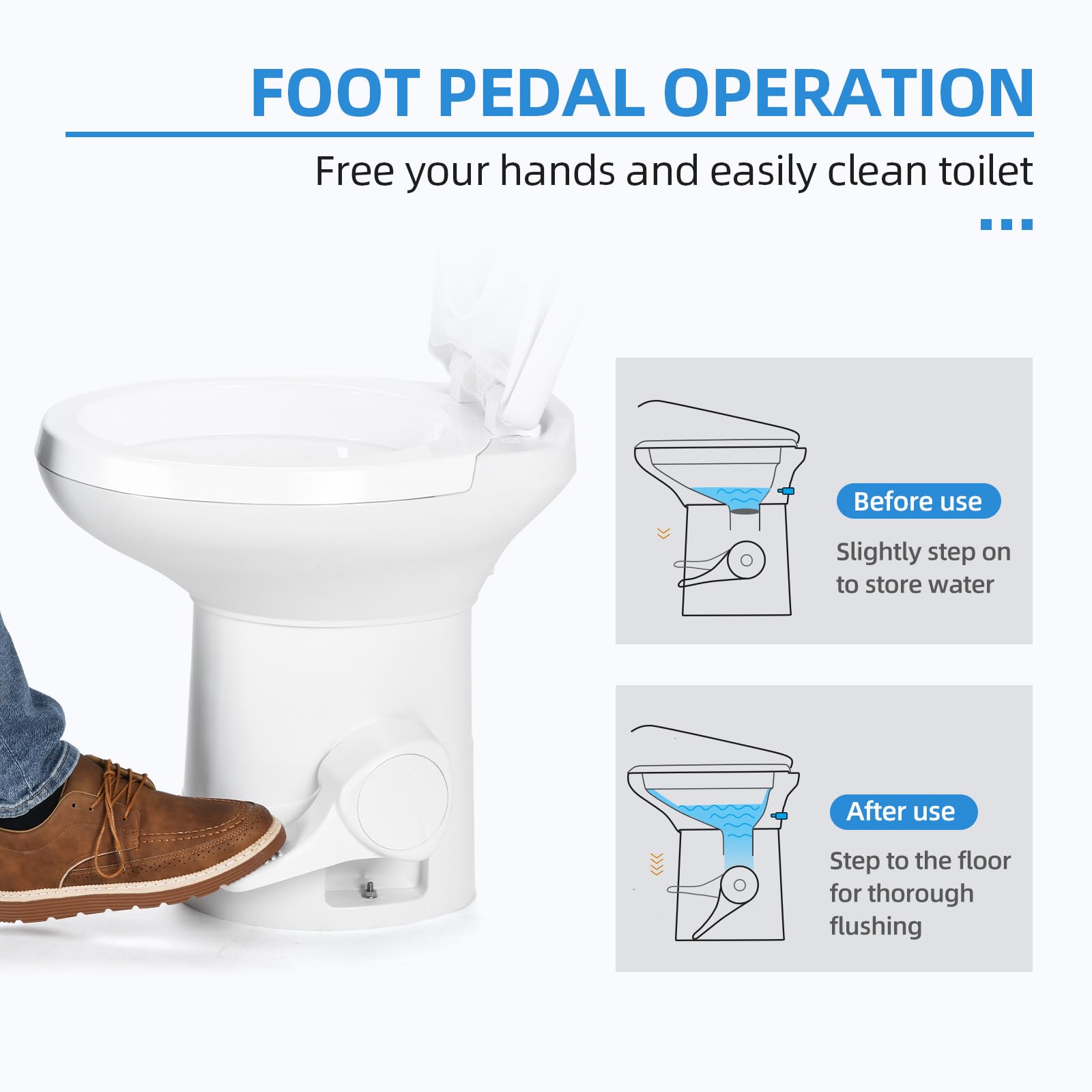 YITAHOME RV Toilet with Foot Pedal Flush - Low Profile Gravity Camper Toilet for Motorhome, Caravan & Travel Trailers - Compact & Lightweight Design - Ideal for Road Trips & Outdoor Adventures - White