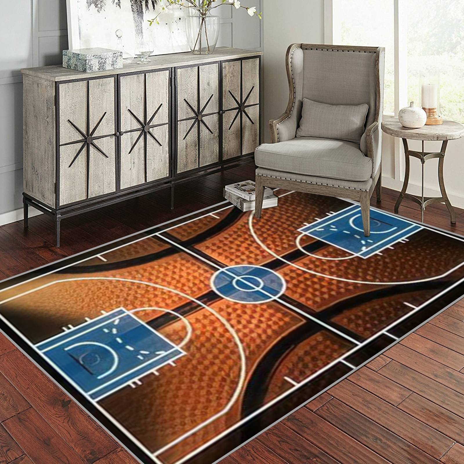 Black and Orange Basketball Court Area Rug - Non-Slip Game Room Mat for Boys Bedroom, Living Room Decor - Perfect for Sports Fans, Gamers & Modern Home Flooring
