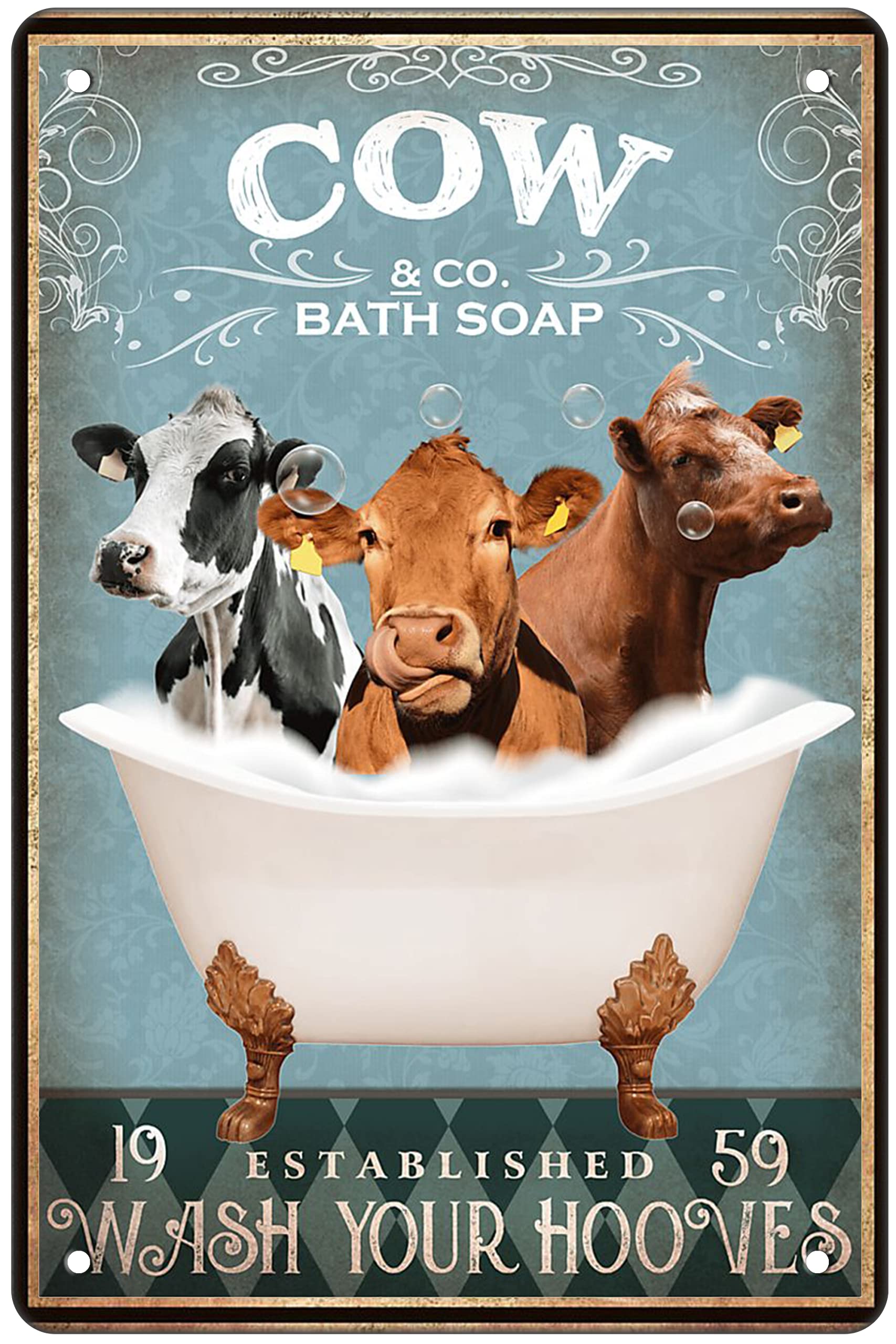 Funny Cow Bathtub Decor - Vintage Farmhouse Wall Art Sign for Bathroom, Bar & Home Decor - 8x12 Inch Rustic Cow Poster - Perfect for Farm Theme Bathrooms, Country Kitchens & Western Style Bars