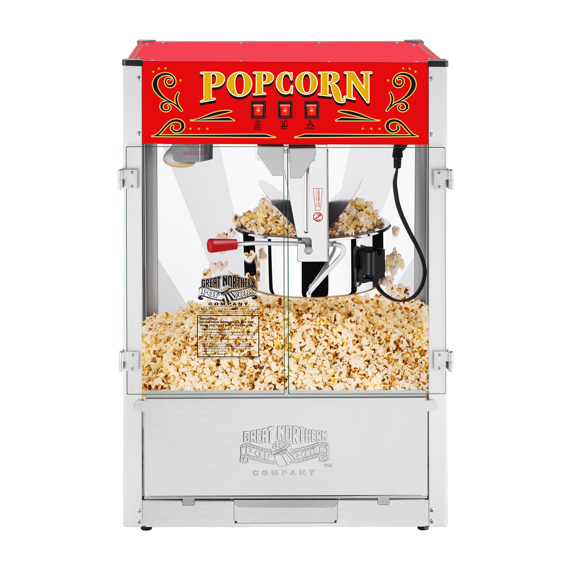 Great Northern Popcorn Midway Marvel 7 Gallon Countertop Popcorn Machine with 16oz Kettle, Old Maids Drawer & Warming Tray - Perfect for Movie Nights, Parties & Carnival Themed Events (Silver/Red)