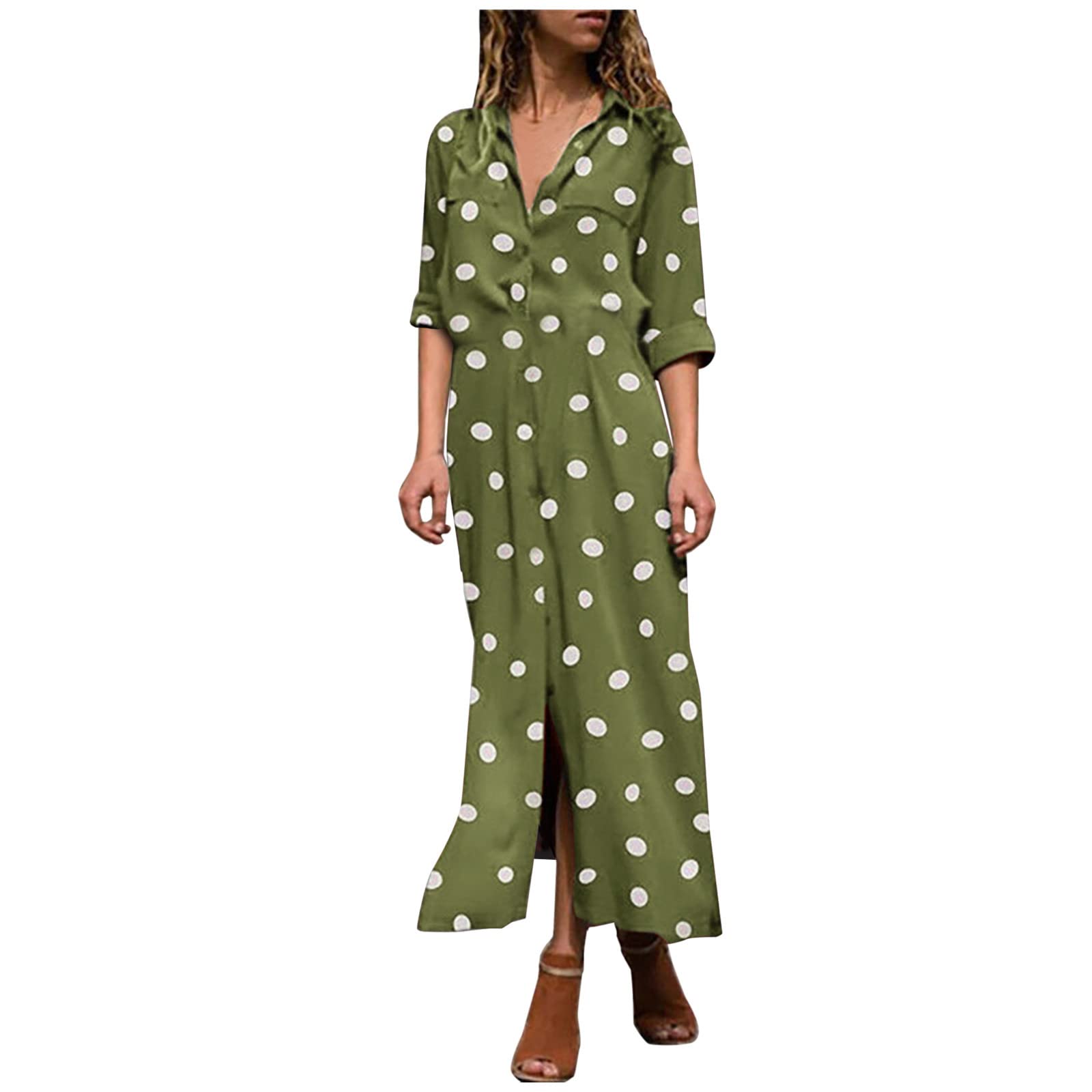 Women's Casual Fall Long Sleeve Lapel Polka Dot Print Maxi Dress with Pockets - Button Down Shirt Dress for Winter, Office Wear, Date Night & Holiday Parties