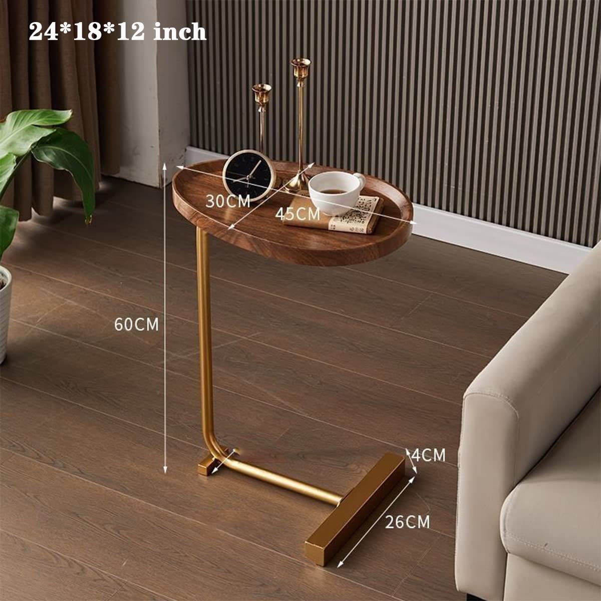 Modern Round C-Shaped Side Table with Gold Frame & Oval Wood Top - Small Coffee Table for Sofa, Bedside, Living Room | Perfect as TV Tray, Couch Table & Nightstand for Home Decor