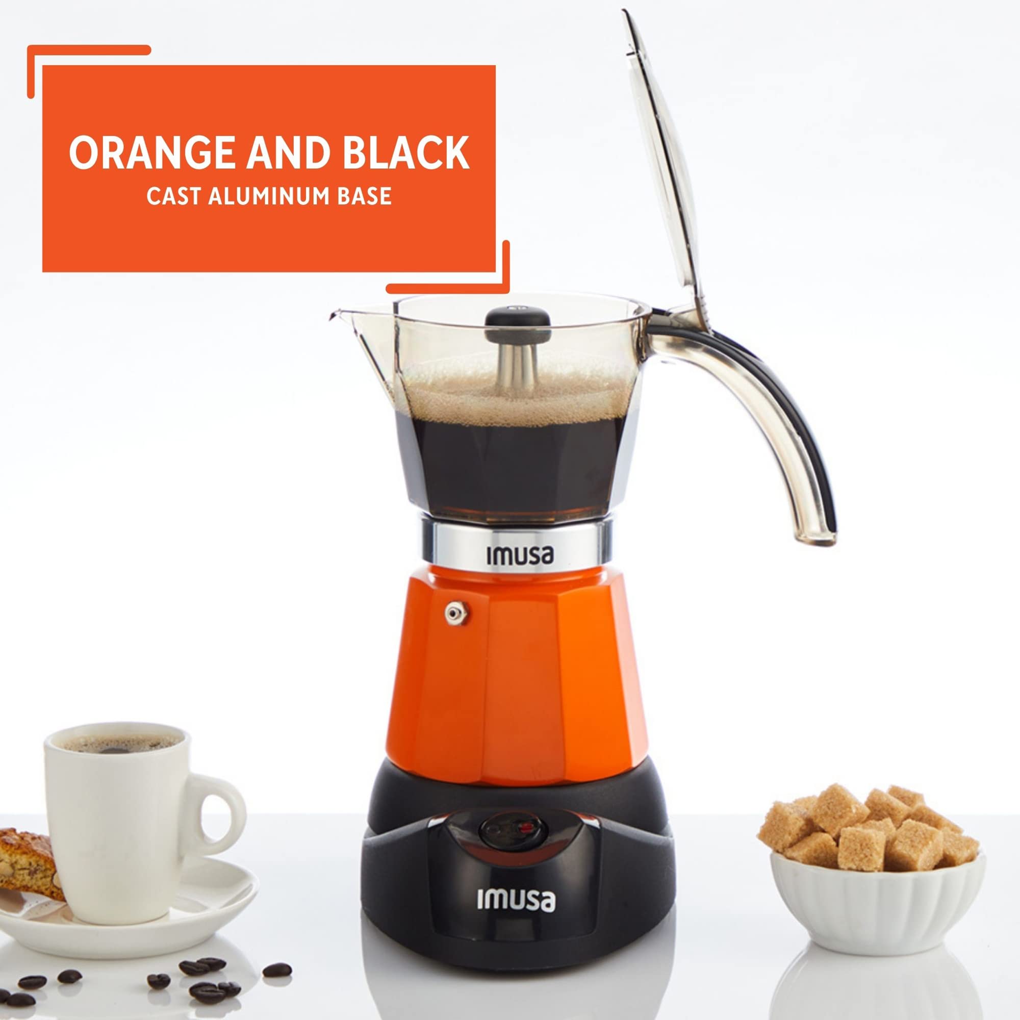 Imusa 6-Cup or 3-Cup Electric Espresso Coffee Maker Machine - Orange - Perfect for Home, Office & Small Kitchens