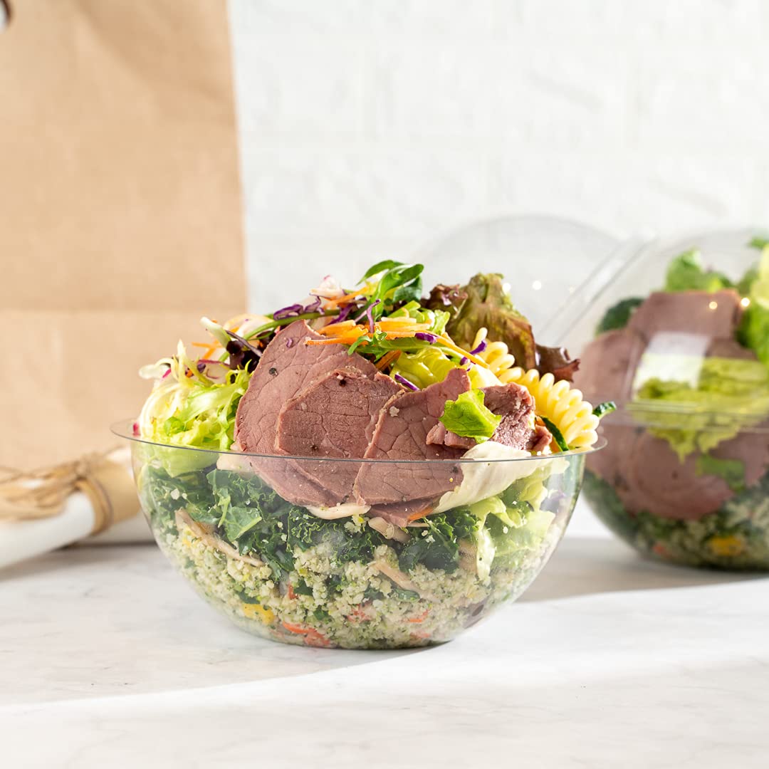 50-Pack Restaurantware Thermo Tek 28oz Clear Plastic Salad Bowls with Airtight Dome Lids - Disposable Food Storage Containers for Fresh Salads, Meal Prep, Catering & Takeout