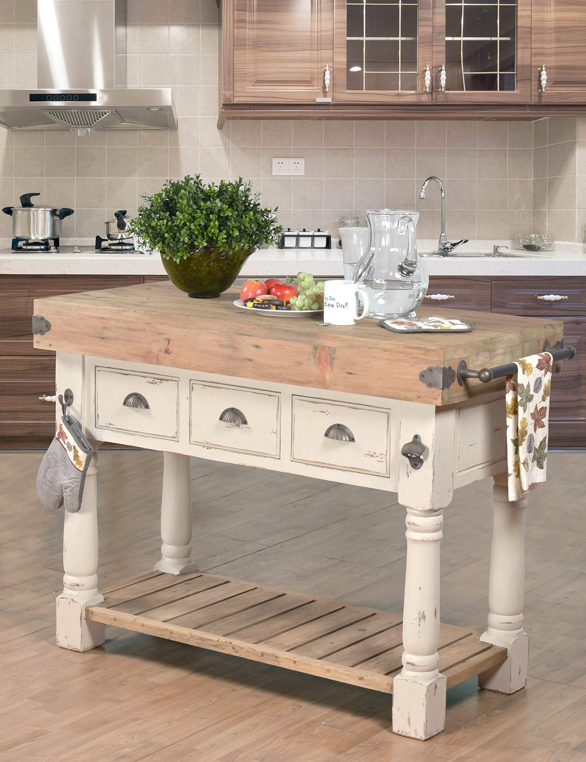 Farmhouse Island Work Console - White Chalk & Natural Wood Kitchen Table for Dining, Home Office, and Crafting