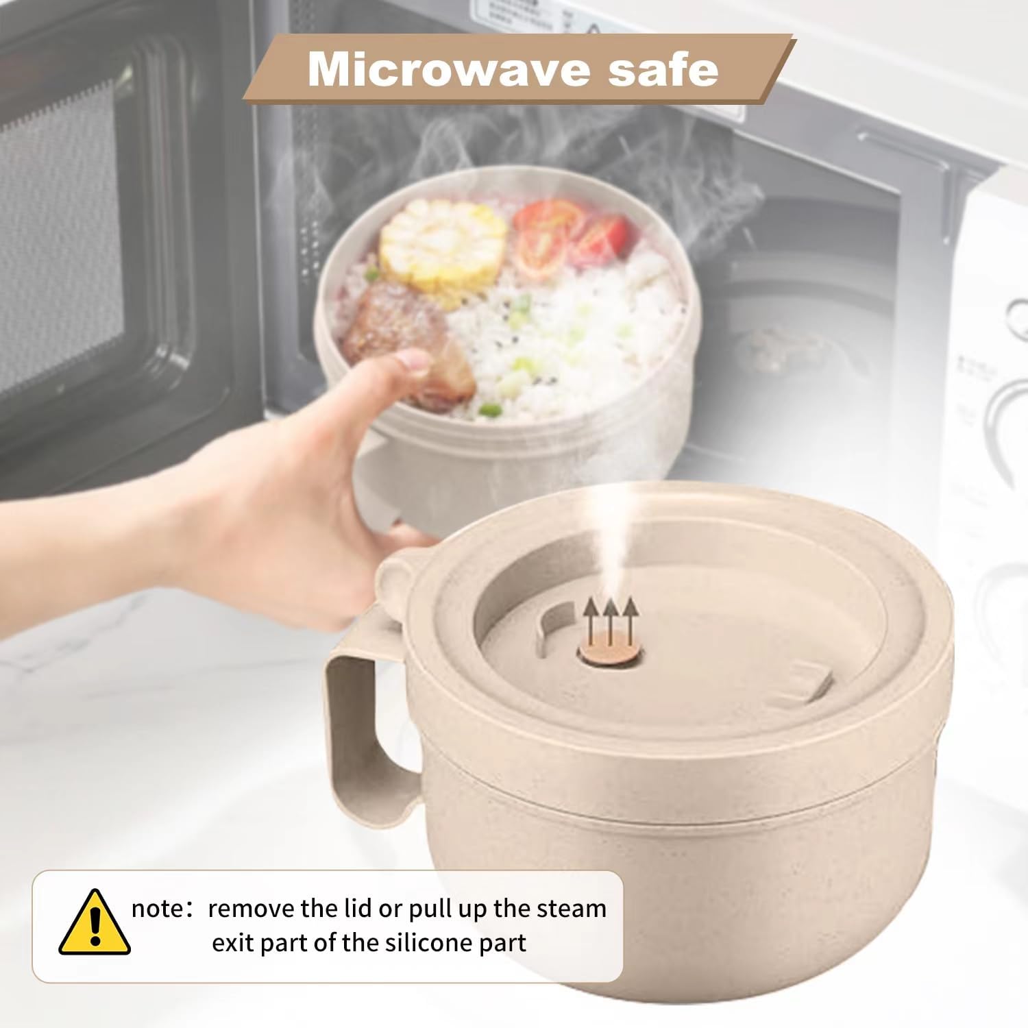 Rarapop 28.7oz Microwave Safe Soup Bowl with Lid - Wheat Straw Ramen Noodle Cup for Instant Noodles, Oatmeal, Gumbo, Salad & Cereal - BPA-Free, Eco-Friendly, Easy-Grip Design (Beige) - Perfect for Office Lunch, Camping & Dorm Room Meals
