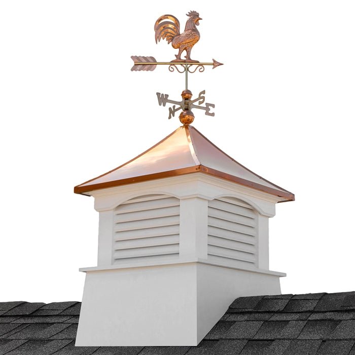 30 Inch Square Coventry Vinyl Cupola with Rooster Weathervane - Classic Roof Top Decoration for Barns, Sheds & Gazebos