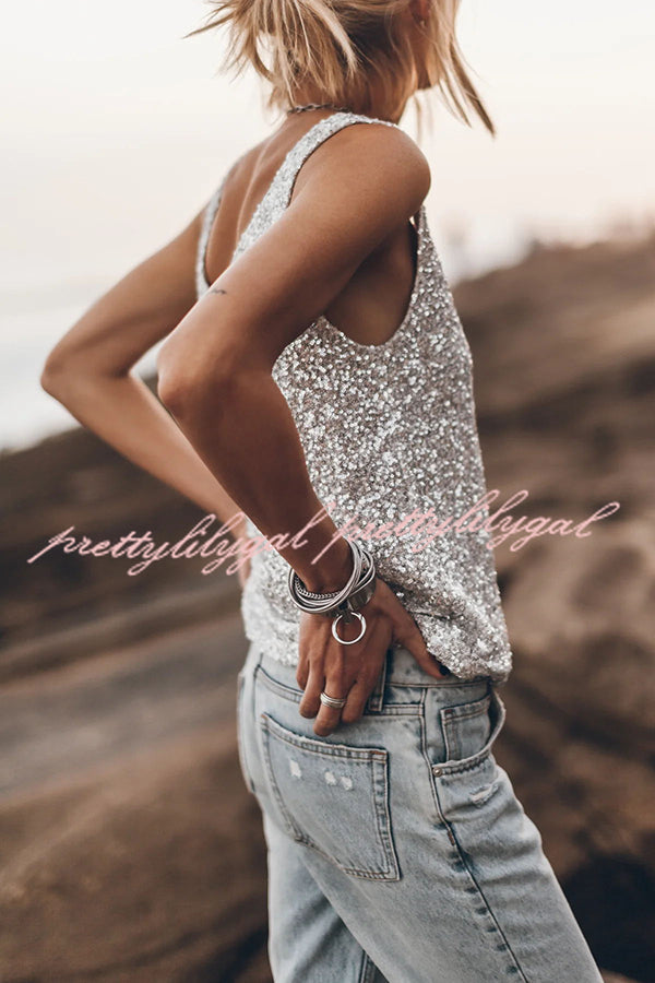 Vacation Luxe Sequin Relaxed Tank Top for Women - Glamorous Party & Beach Wear - Perfect for Night Out, Club, Vacation & Summer Outfits