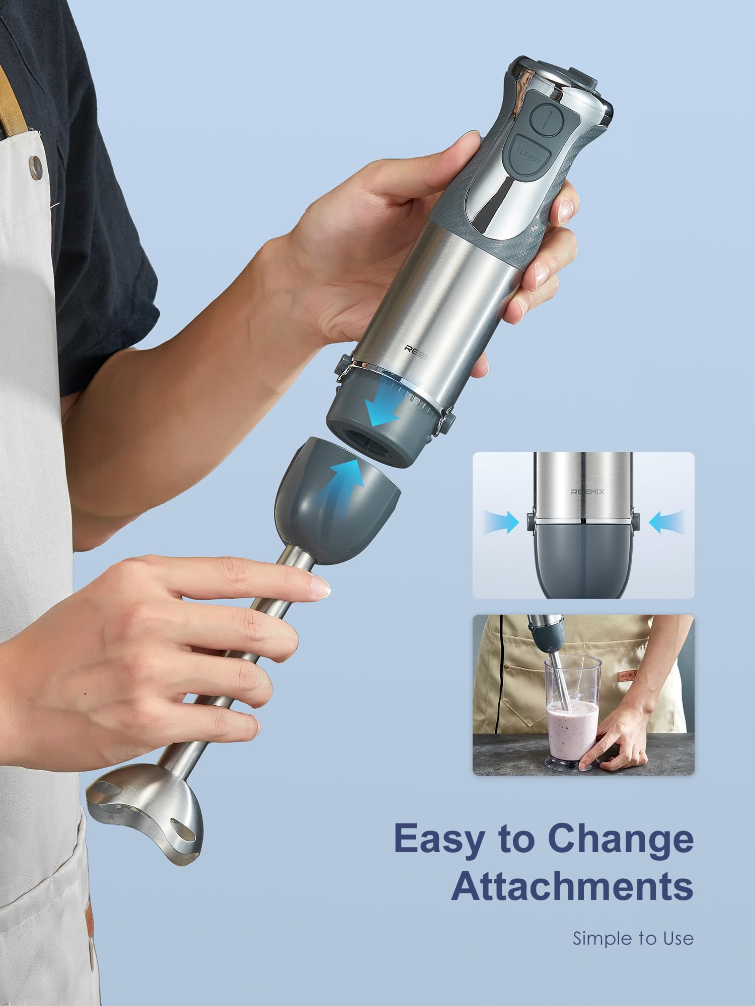 5-in-1 Immersion Hand Blender 1000W - Powerful Stainless Steel Stick Blender with Copper Motor, Mixing Beaker, Whisk & Milk Frother - Perfect for Smoothies, Baby Food Puree, Soups & Kitchen Prep (Gray)