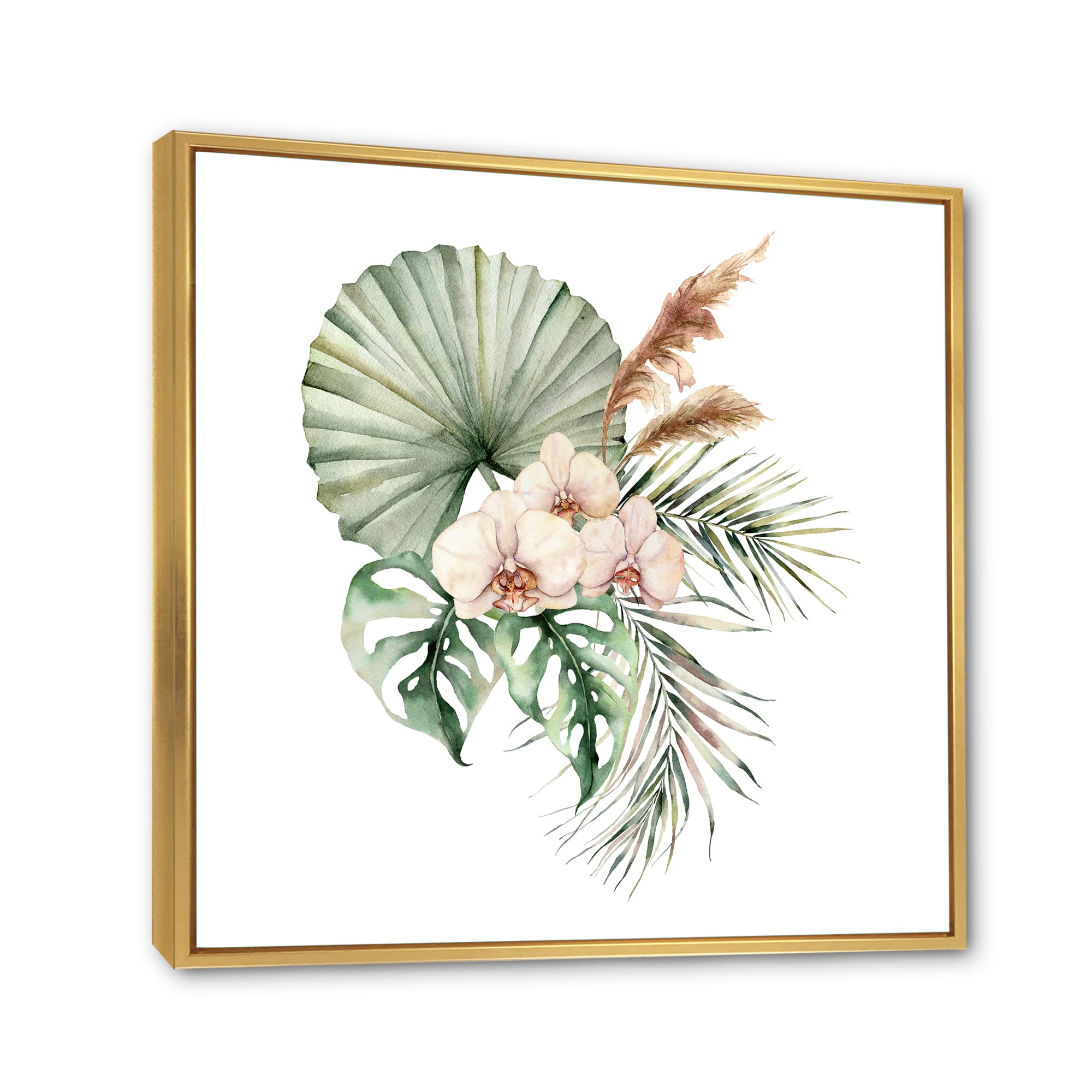 DesignQ Tropical Bouquet With Orchids & Palm Leaves - Framed Canvas Wall Art Print for Home Decor, Living Room, Bedroom, Office | Vibrant Floral Painting | Ready to Hang