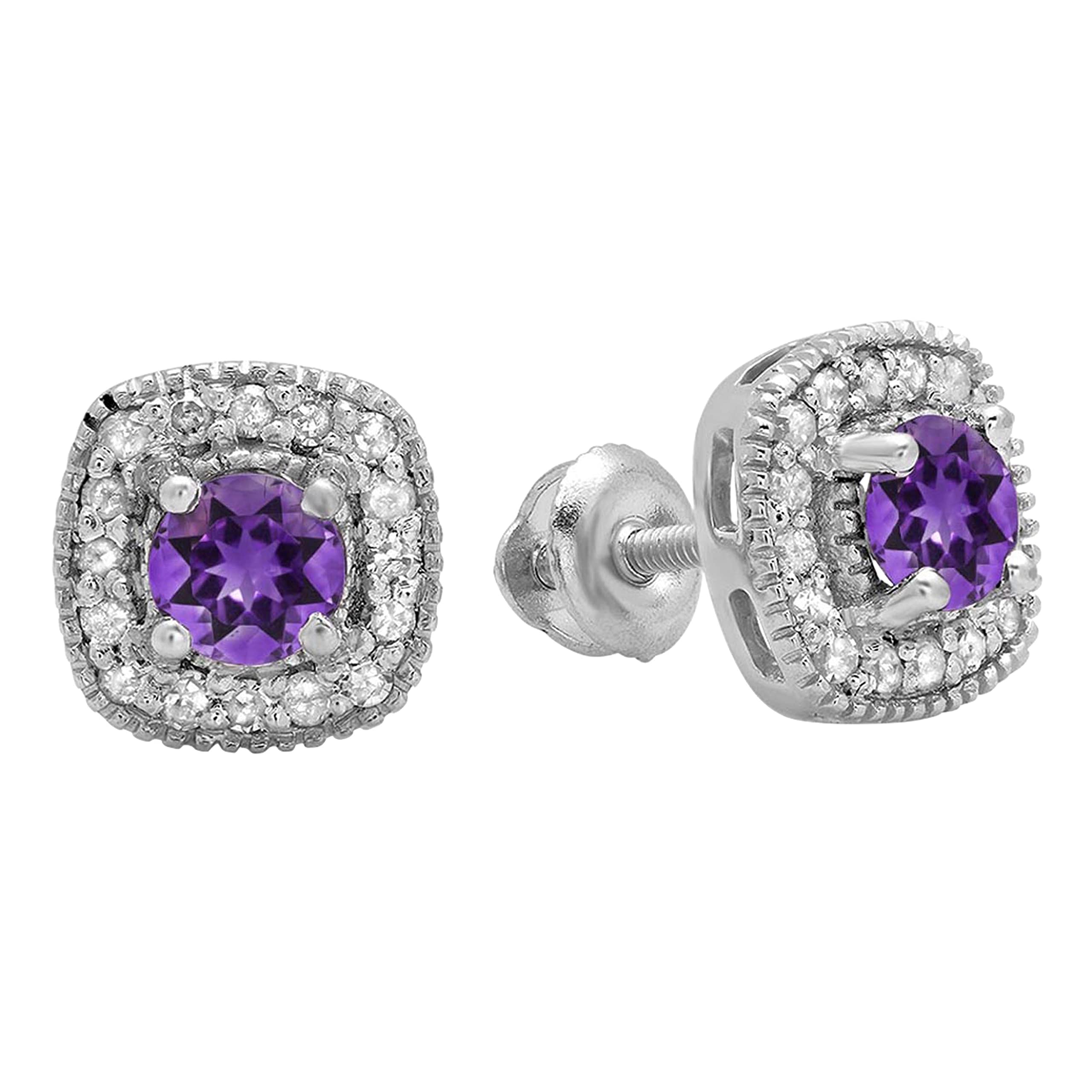 Dazzlingrock Collection Round Gemstone & White Diamond Halo Stud Earrings for Women, 925 Sterling Silver - Perfect for Weddings, Parties & Everyday Elegance