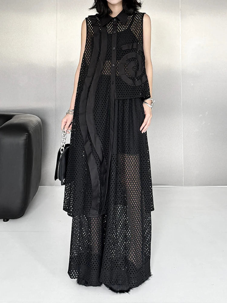 Trendy Black Grid Vest & Wide Leg Pants Two-Piece Set for Women - Lapel Sleeveless Jumpsuit Outfit | Plus Size Fashion | Spring & Fall 2025 Collection | Perfect for Office Wear, Date Nights & Casual Outings