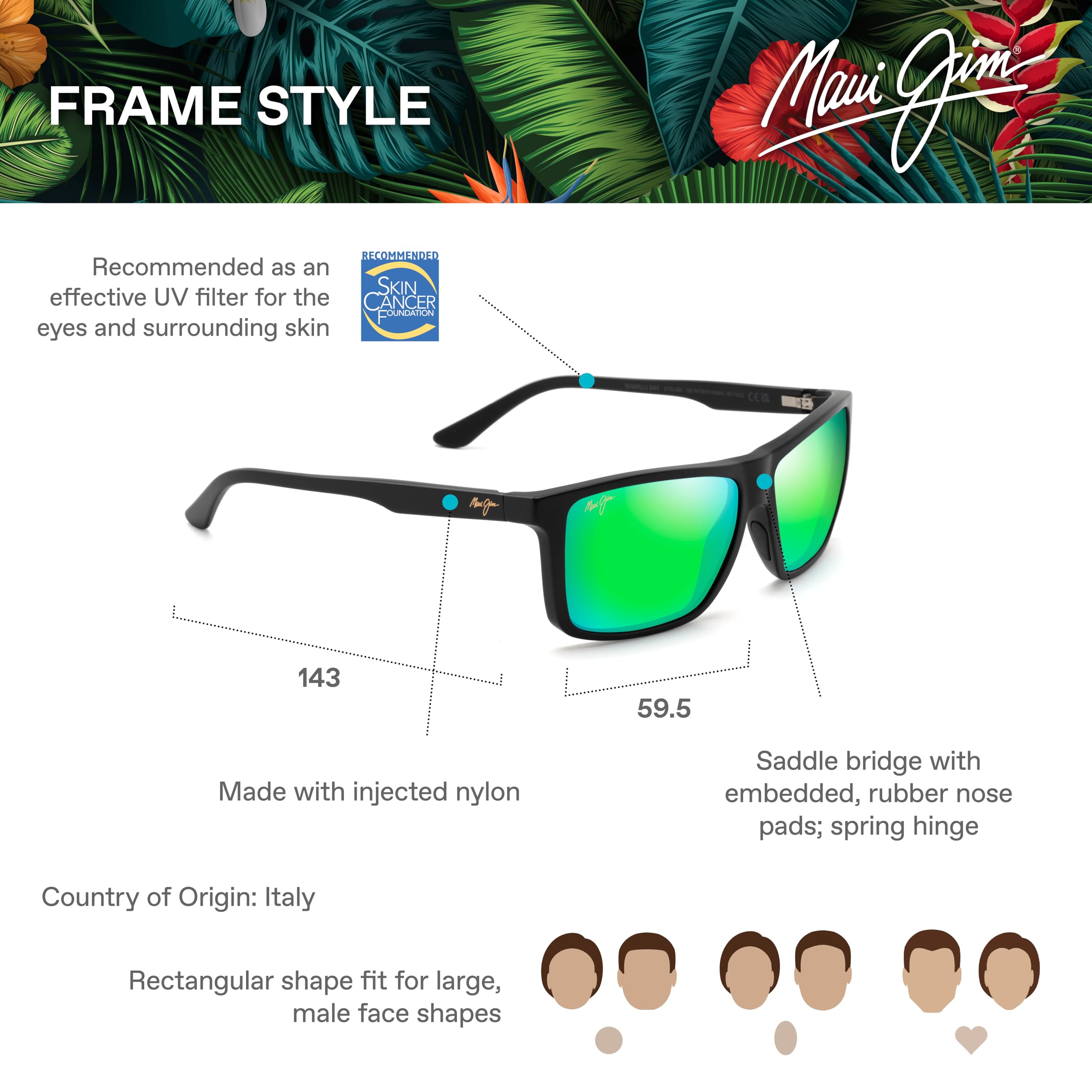 Maui Jim Mamalu Bay Rectangular Polarized Sunglasses for Men & Women - UV Protection, Lightweight Frame - Perfect for Beach, Driving & Outdoor Activities