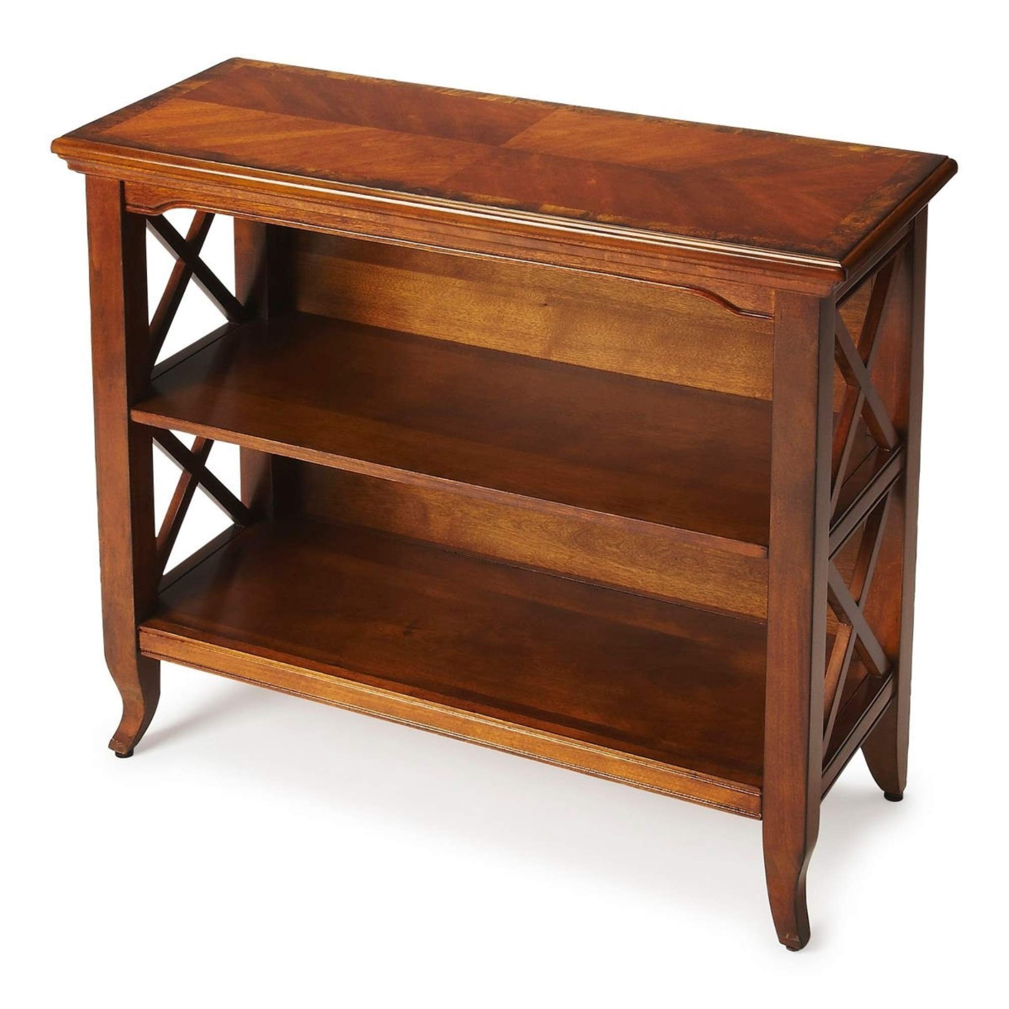 Newport Olive Ash Burl Low Bookcase - Modern Wooden Bookshelf for Living Room, Bedroom & Office - Stylish Storage Solution for Books, Decor & Essentials