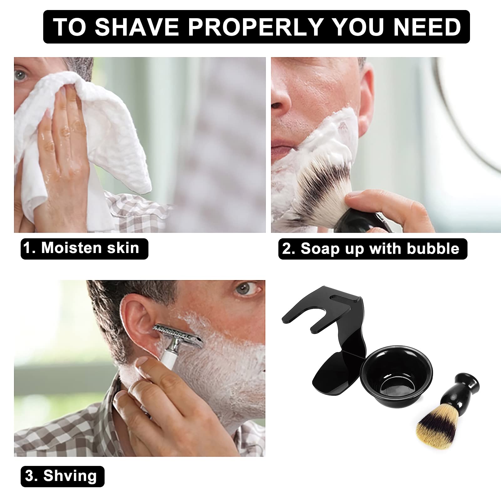 Premium 3-in-1 Shaving Kit with Badger Hair Brush, Lathering Bowl & Stand - Perfect Gift Set for Men (Father, Husband, Boyfriend) - Birthday, Valentine's Day & Grooming Essentials for Wet Shaving Enthusiasts