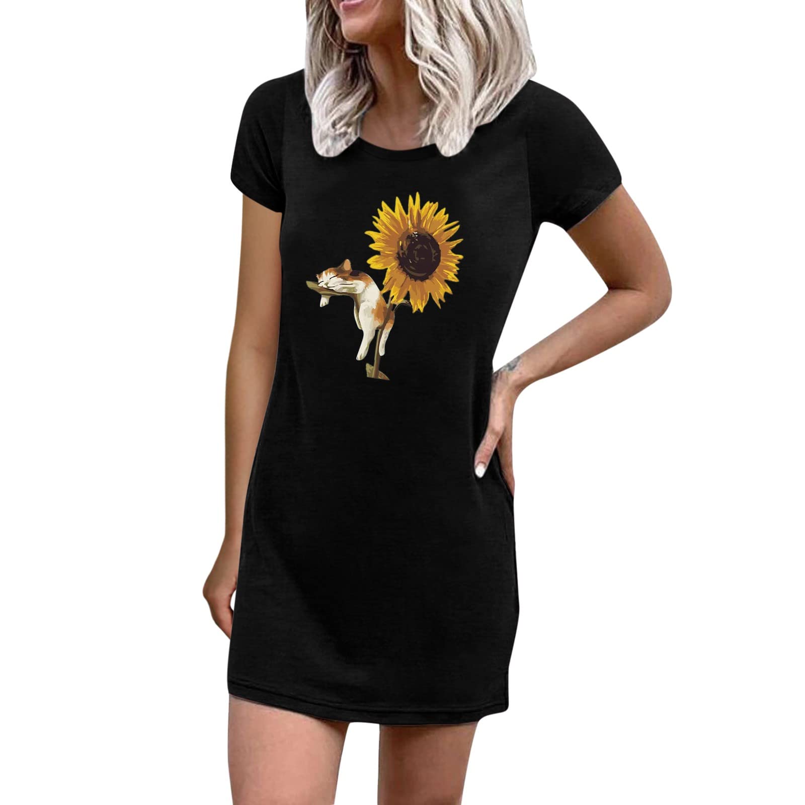 YOYORI Women's Short Sleeve Crew Neck Cat & Sunflower Print Swing Dress - Loose Fit Tunic Mini Sundress for Juniors (Black, XL) - Perfect for Summer Outings, Beach Vacations & Casual Wear
