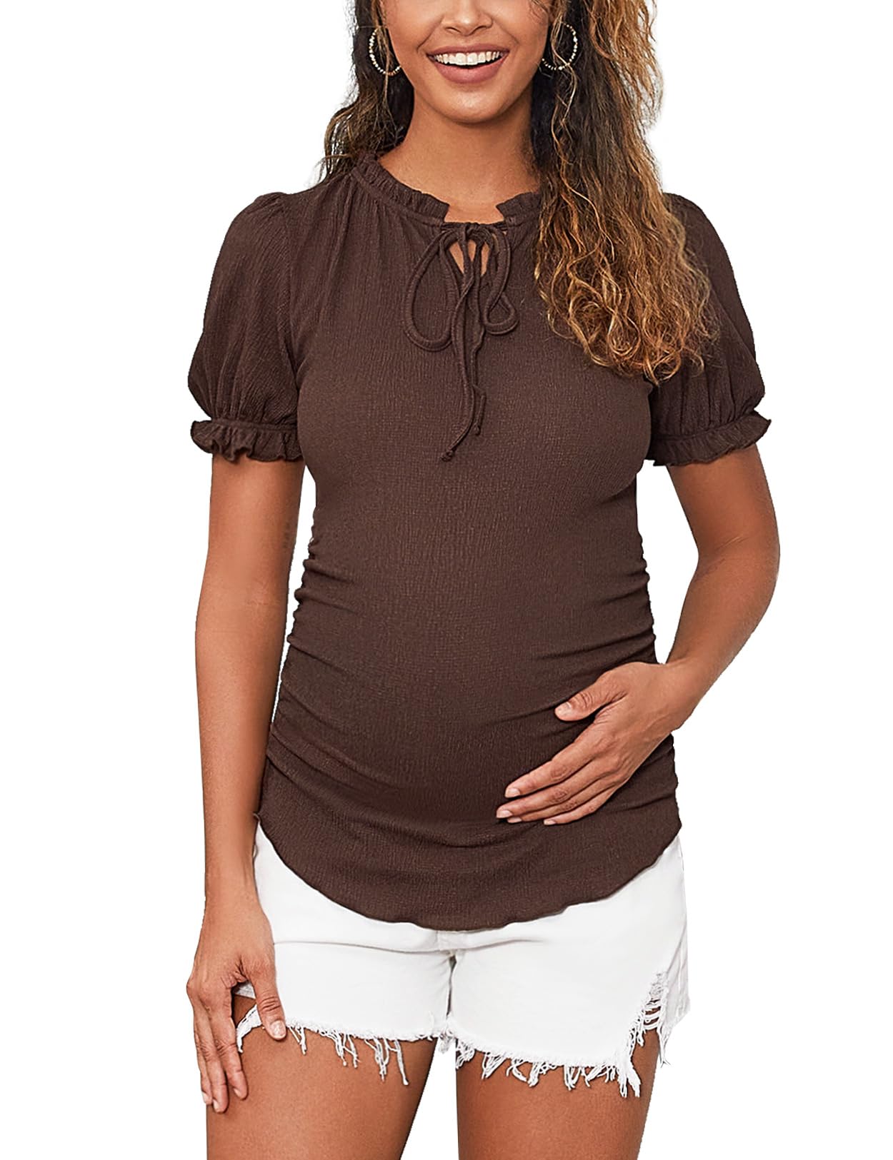 DEBELLY Maternity Blouse - Ruffled Short Puff Sleeve Textured Pregnancy Shirt for Women with Notch Neck & Strap Detail | Perfect for Maternity Photos, Baby Showers & Nursing Comfort