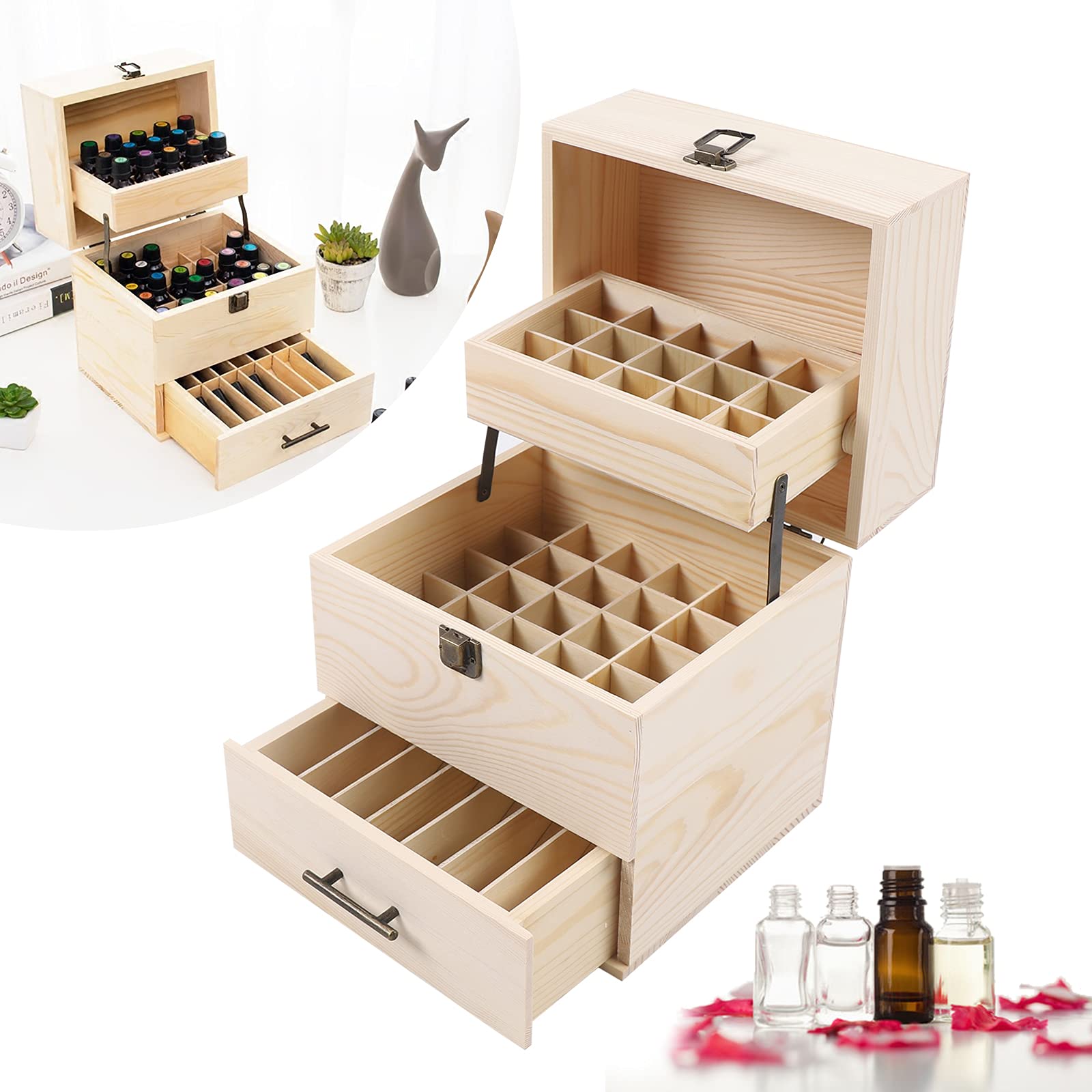 YIYIBYUS 3-Layer Wood Essential Oil Box - 59 Grid Aromatherapy Organizer Container for Essential Oil Storage & Packaging | Perfect for Home Spa, Yoga, and Relaxation Therapy