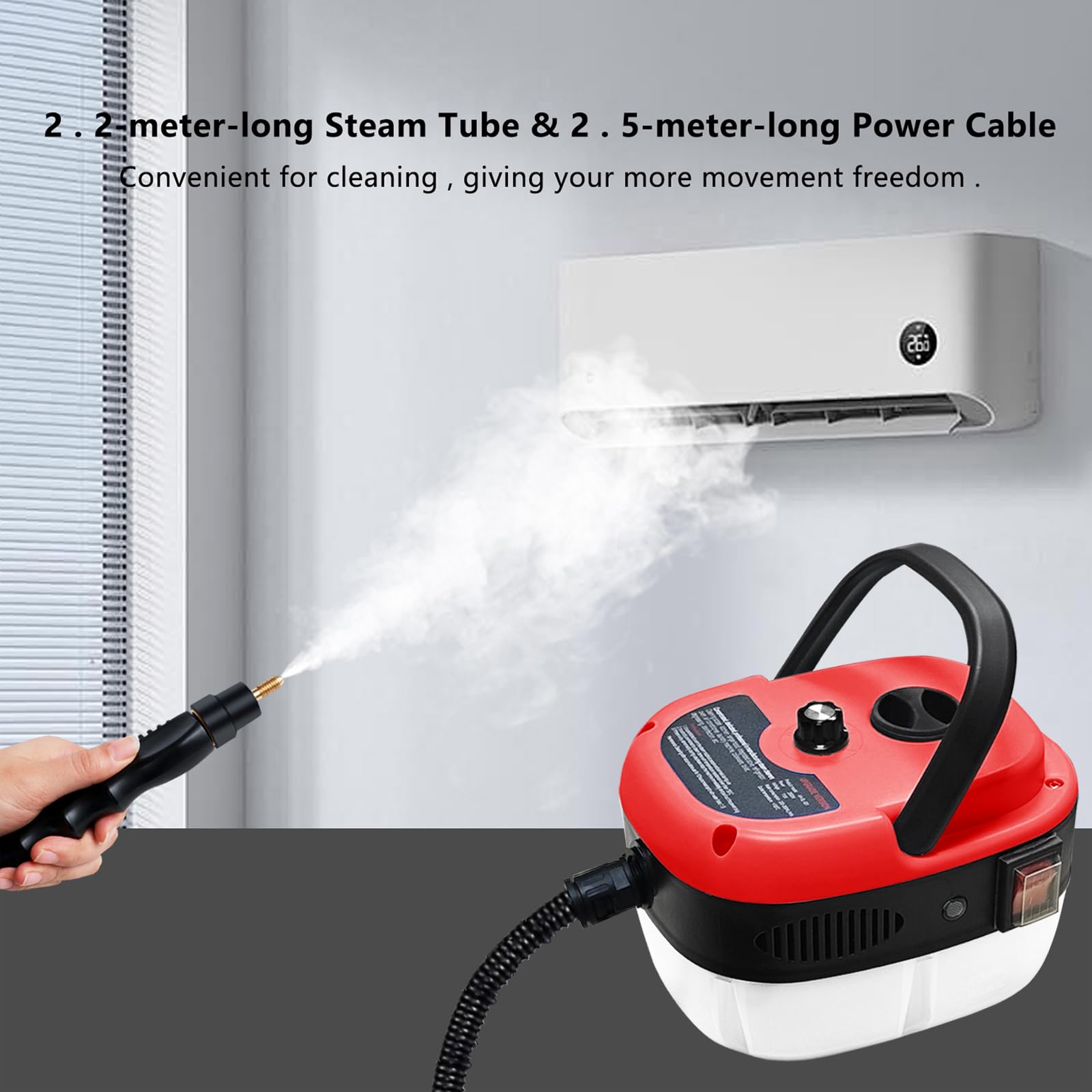 2500W Handheld Steam Cleaner with 3 Brush Heads - Portable Pressurized Steam Cleaner for Home, Car, Kitchen, Bathroom & Furniture - Perfect for Deep Cleaning Floors, Upholstery, Tiles & More - Red