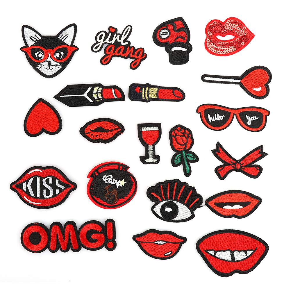 20pcs Lip Pattern Embroidery Patches - Iron On & Sew On DIY Badges for Jackets, Shirts, Hats - Perfect for Clothing Repair, Fashion DIY Crafts & Costume Accessories (Great for Parties, Cosplay & Personal Style Customization)
