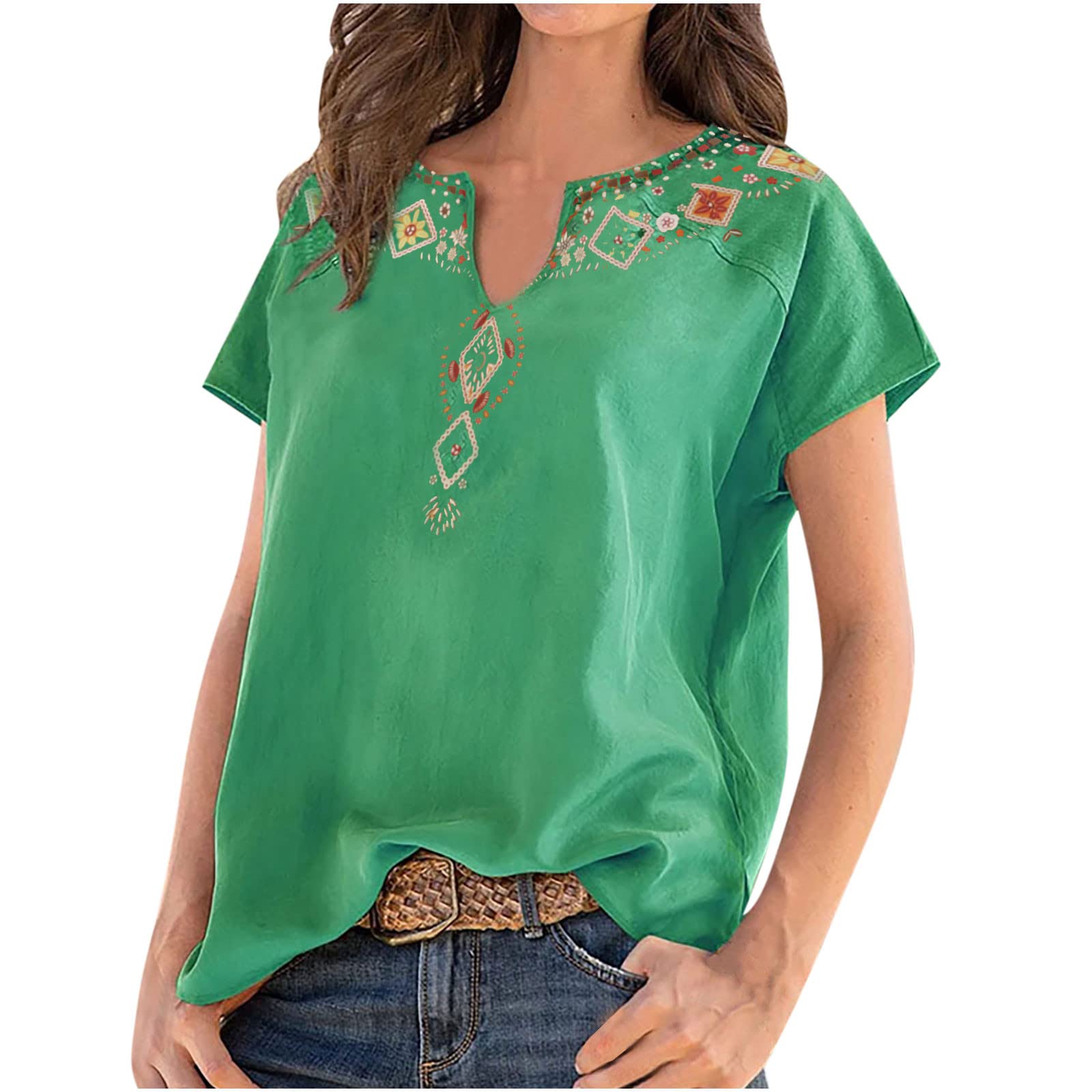 Women's Casual V-Neck Printed Short Sleeve T-Shirt - Retro Ethnic Style Blouse for Work, Commute & Daily Wear | Comfortable Office & Leisure Top