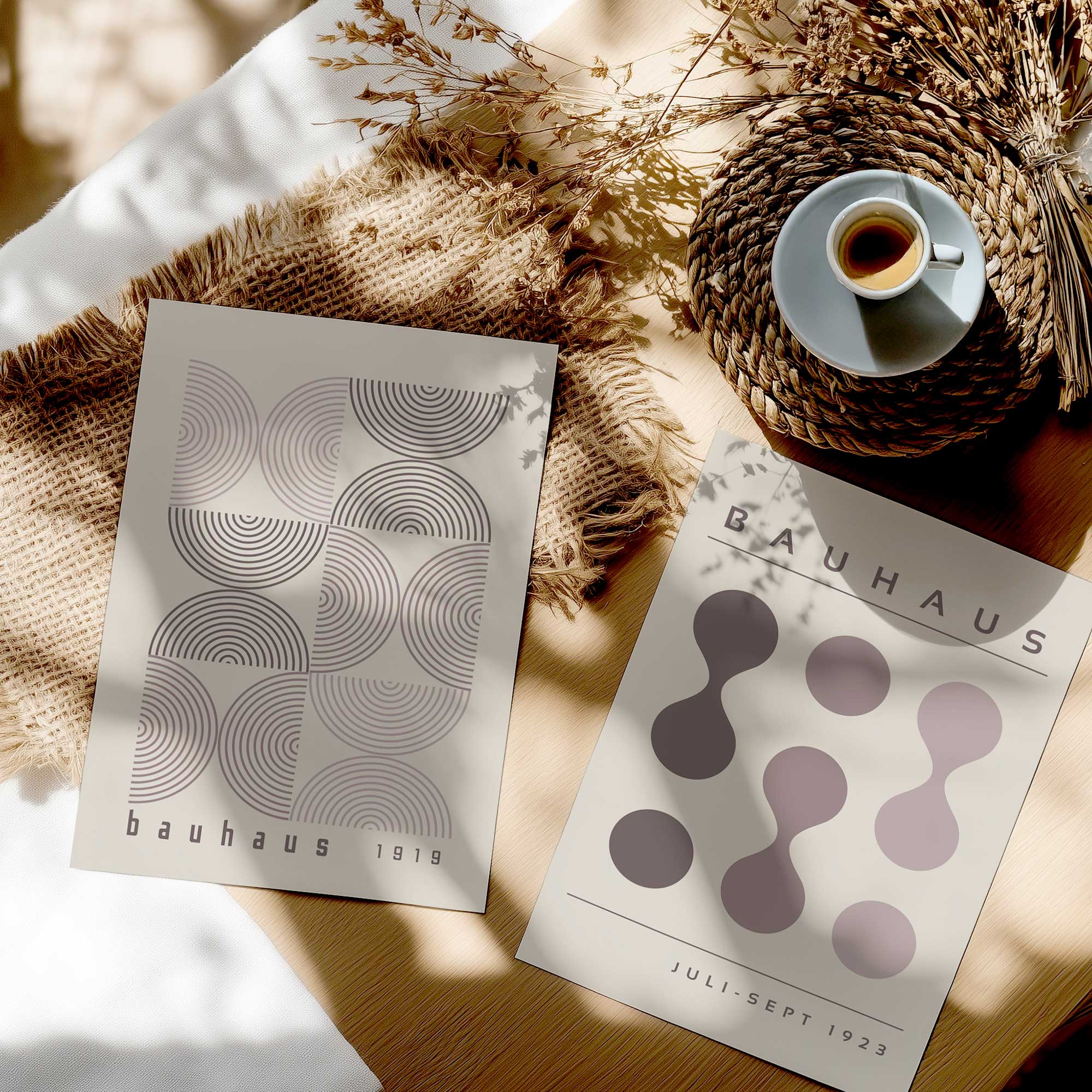 Bauhaus Style Abstract Art Prints - Set of 2 Taupe Composition Wall Decor | Modern Home Office & Living Room Decorations