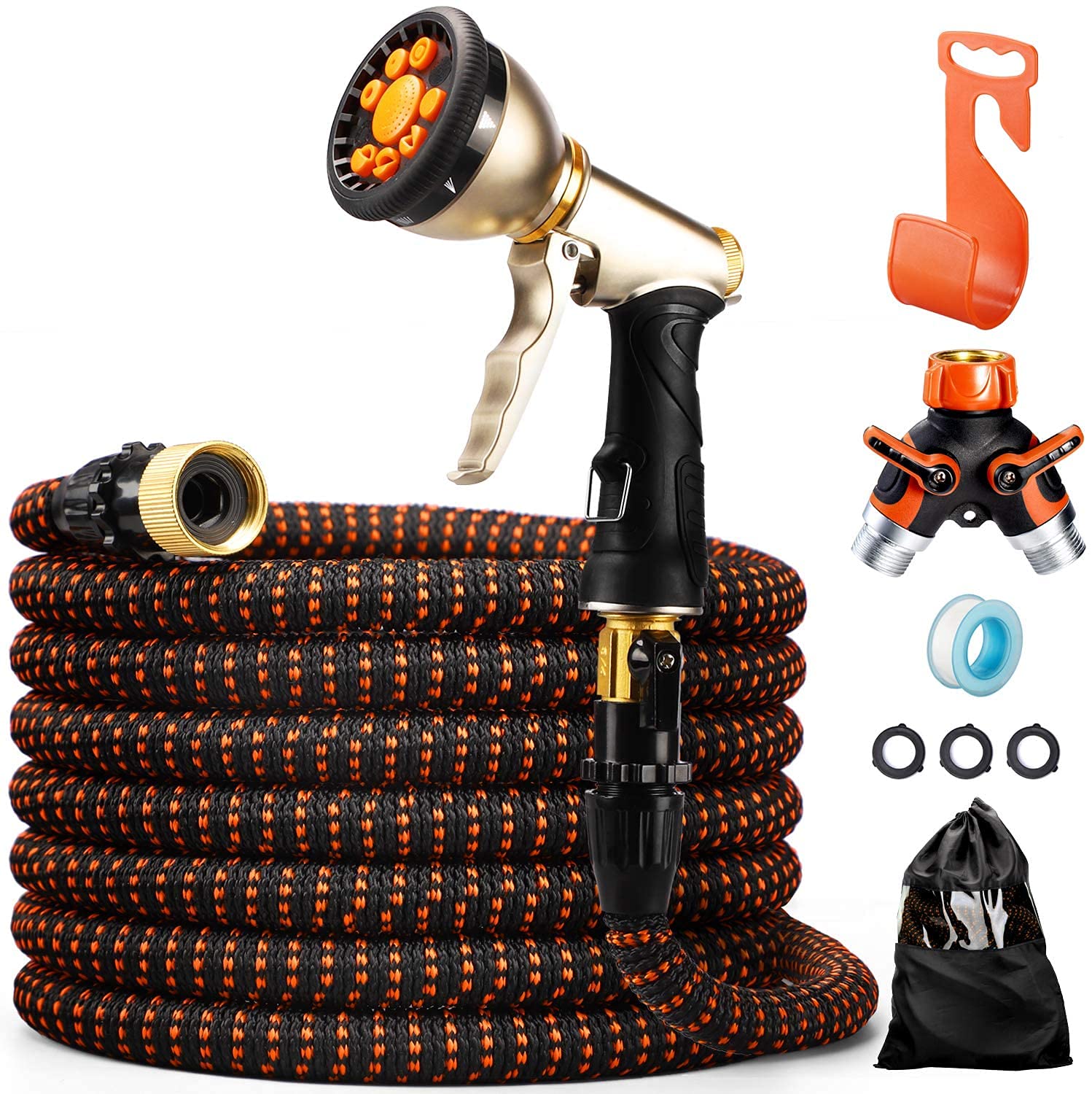 ACSTEP 50FT Expandable Garden Hose with 9-Function Metal Nozzle - Lightweight, No-Kink, High Pressure Heavy Duty Water Hose - Leakproof Retractable Hose for Lawn, Yard, Car Washing & Outdoor Cleaning (Orange)