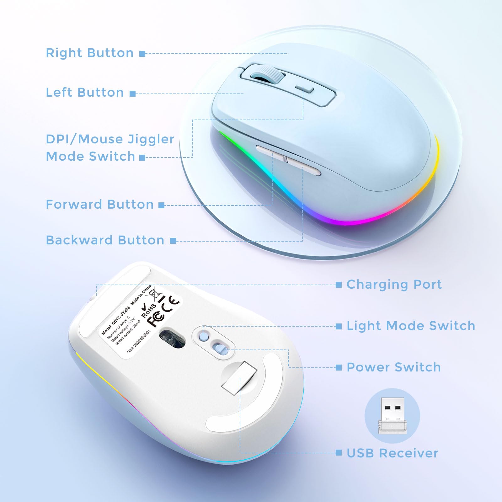 PEIOUS Wireless Mouse Jiggler - Undetectable Random Movement USB Mouse Mover for Laptop, Rechargeable Silent Computer Mouse with LED Light (Light Blue) - Keep PC Awake for Work, Online Meetings & Presentations