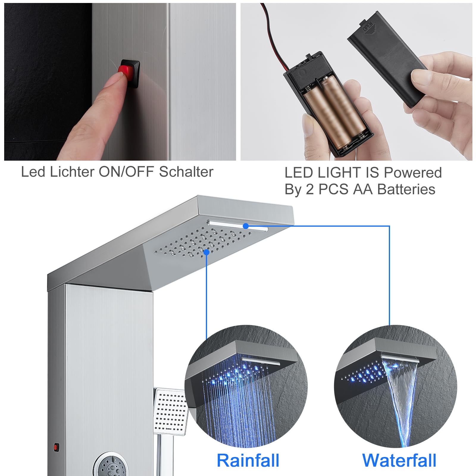 5 in 1 Shower Panel Tower System with LED Lights - Rainfall & Waterfall Shower Head, 3 Adjustable Body Jets, Handheld Shower & Tub Spout (Brushed Nickel) - Luxury Bathroom Upgrade for Spa-Like Experience at Home