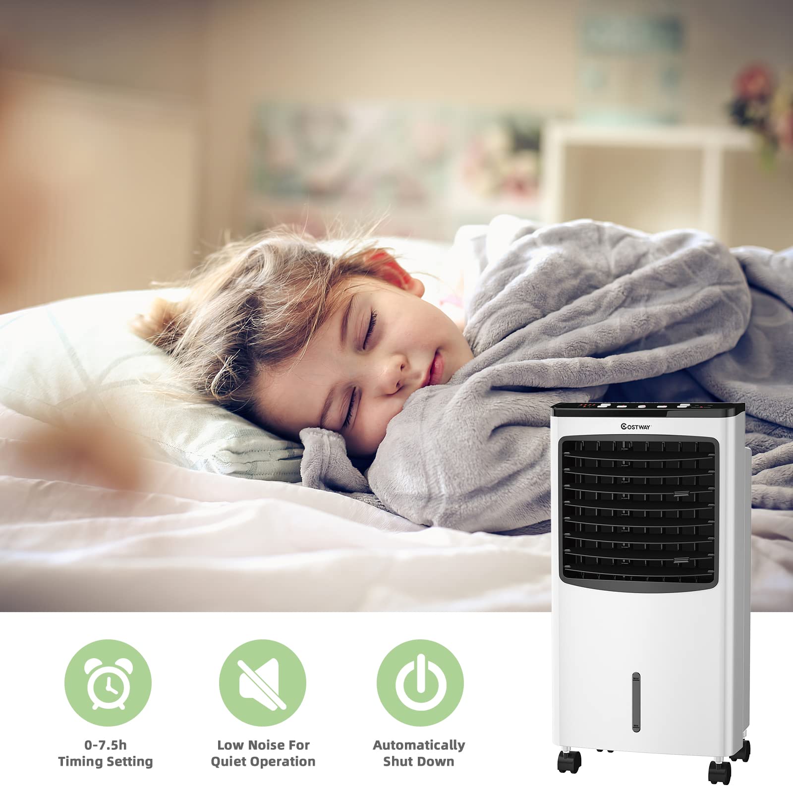 COSTWAY Portable Evaporative Air Cooler with Remote Control - 7.5H Timer, 2 Ice Boxes, Ultra Quiet Cooling for Bedroom, Home Office & Dorm | Perfect for Summer Sleep, Indoor Comfort & Personal Space Cooling