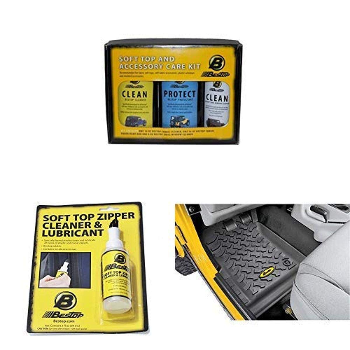 Bestop Fabric Care Pack - Vinyl Soft Top Cleaner, Vinyl Window Cleaner, Zipper Cleaner & Lubricant (2 oz) with Free Front Floor Mats - Perfect for Jeep Wrangler, Truck & SUV Accessories Maintenance
