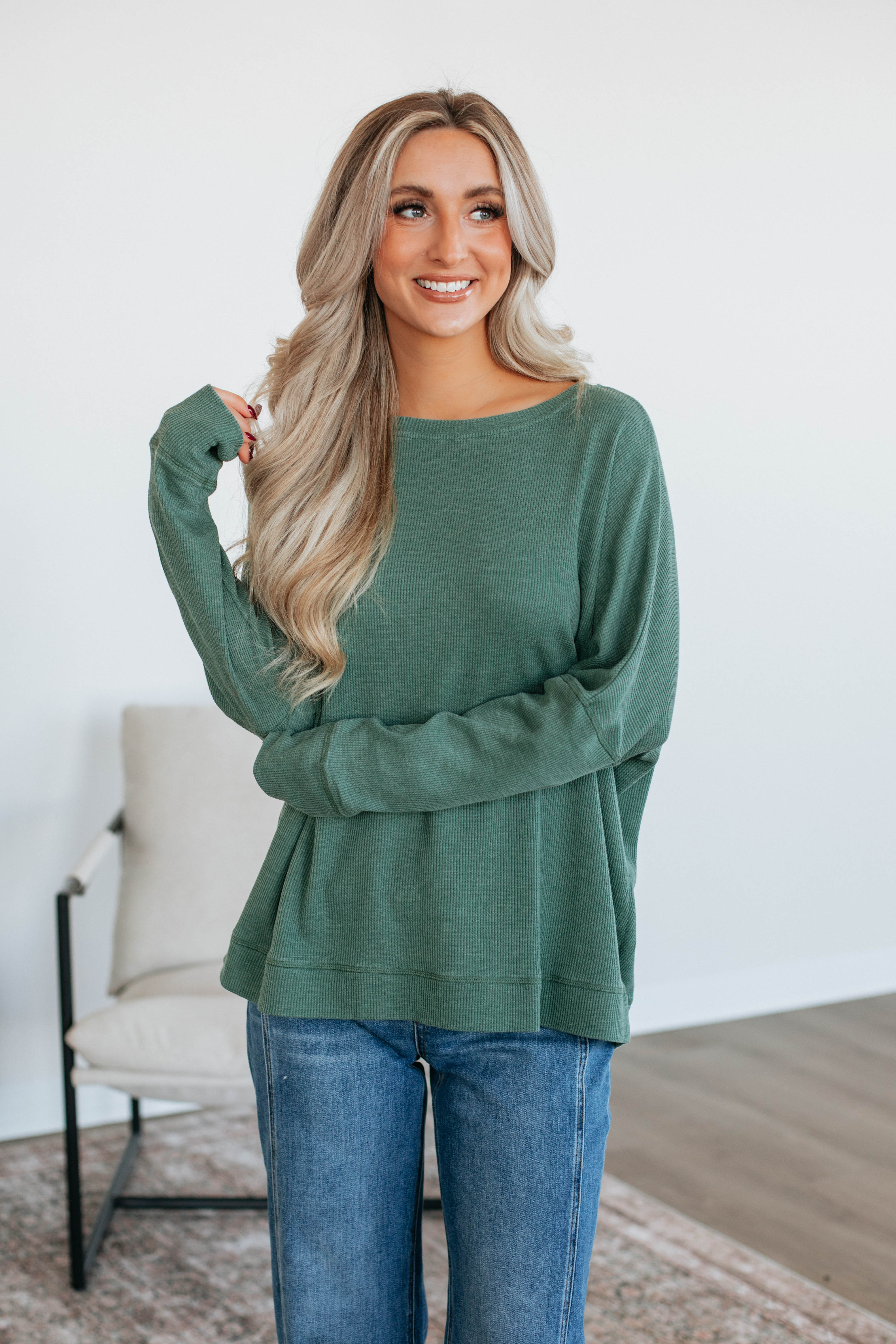 Breathable Waffle Knit Top for Women - Soft Basil Green Long Sleeve Shirt | Perfect for Layering, Casual Outfits & Fall Fashion
