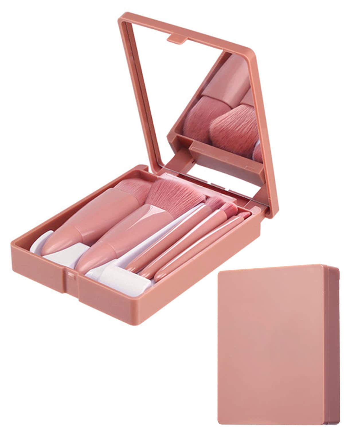 5-Piece Mini Pink Travel Makeup Brush Set with Case & Mirror - Compact Cosmetic Brushes Kit for Eyeshadow, Foundation & Blending | Perfect for On-The-Go, Airplane Travel & Touch-Ups