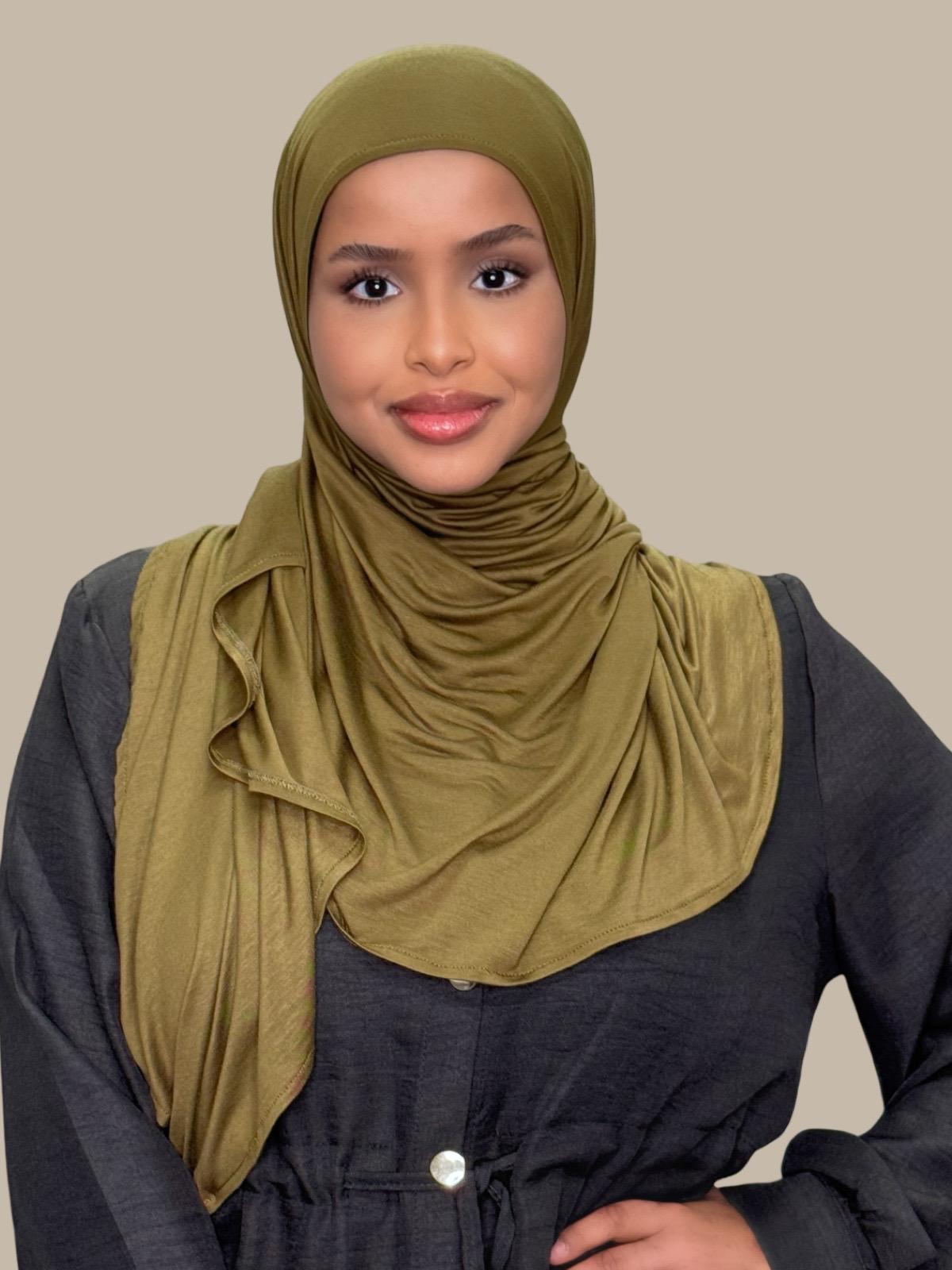 Pre-Sewn Jersey Hijab - Soft & Stretchy Olive Green Headscarf for Women - Perfect for Daily Wear, Work & Prayer