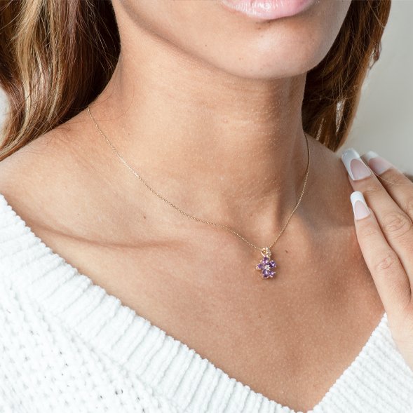 10k Yellow Gold Amethyst & White Sapphire Double Flower Drop Pendant Necklace - Elegant Jewelry Gift for Women, Perfect for Weddings, Anniversaries & Special Occasions